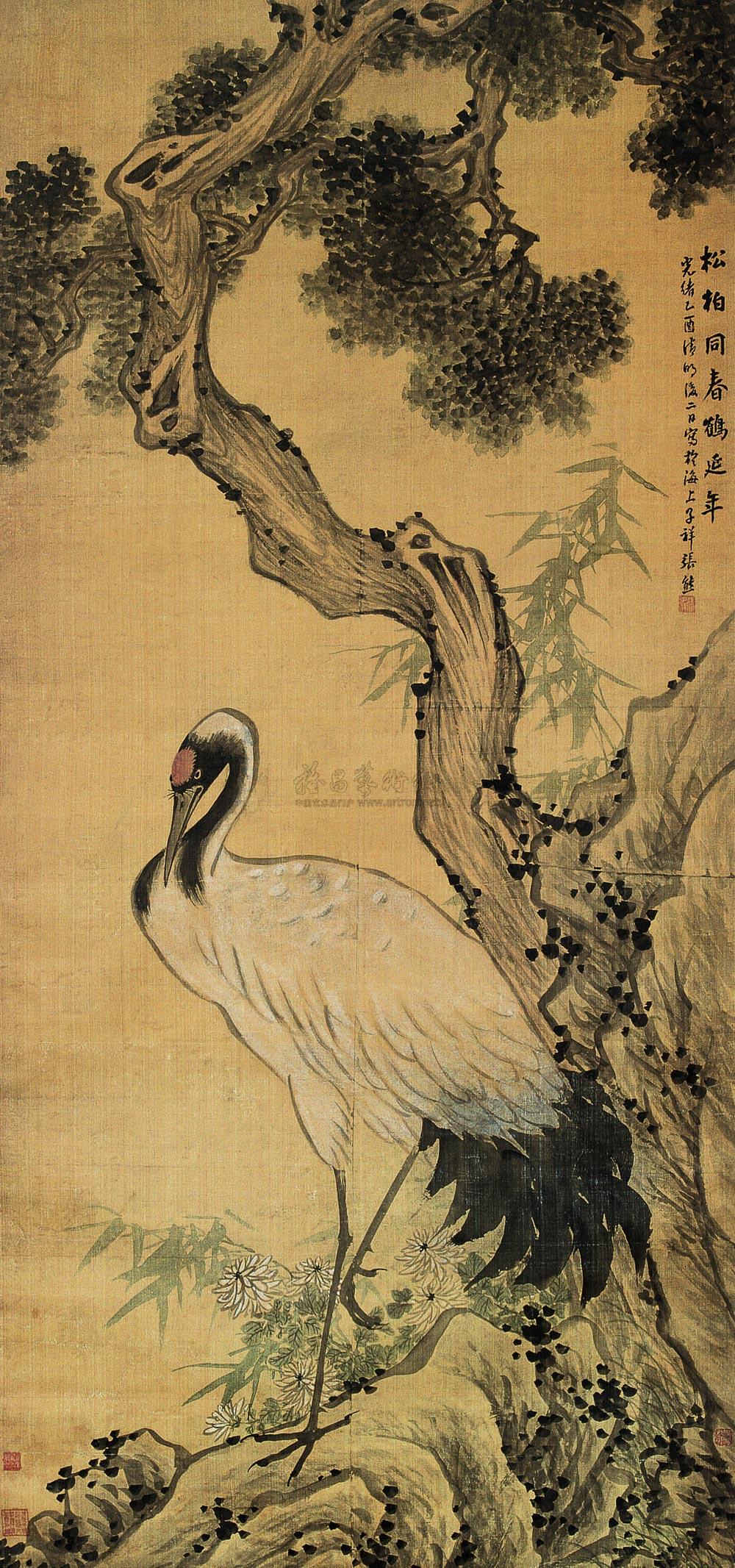 06351885年作松柏同春鹤延年立轴设色绢本