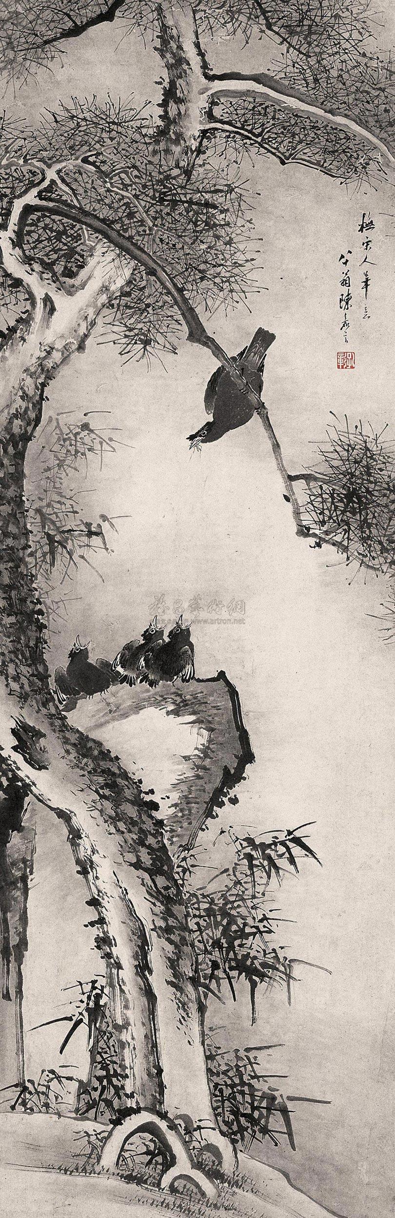 1610松树八哥立轴纸本
