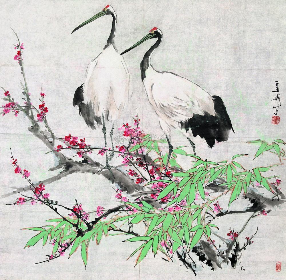 0645梅鹤镜心设色纸本