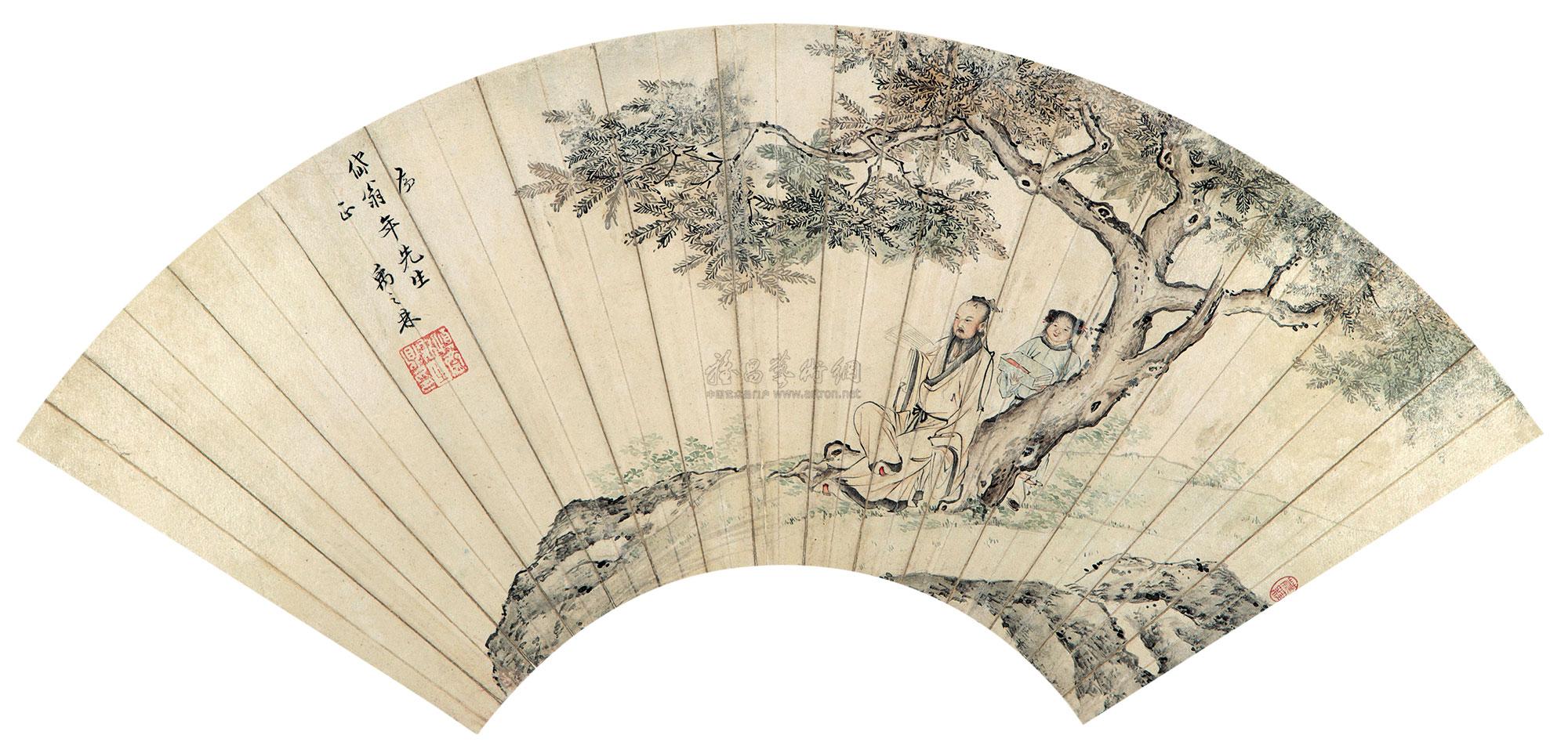 0071高士读书图镜心设色纸本