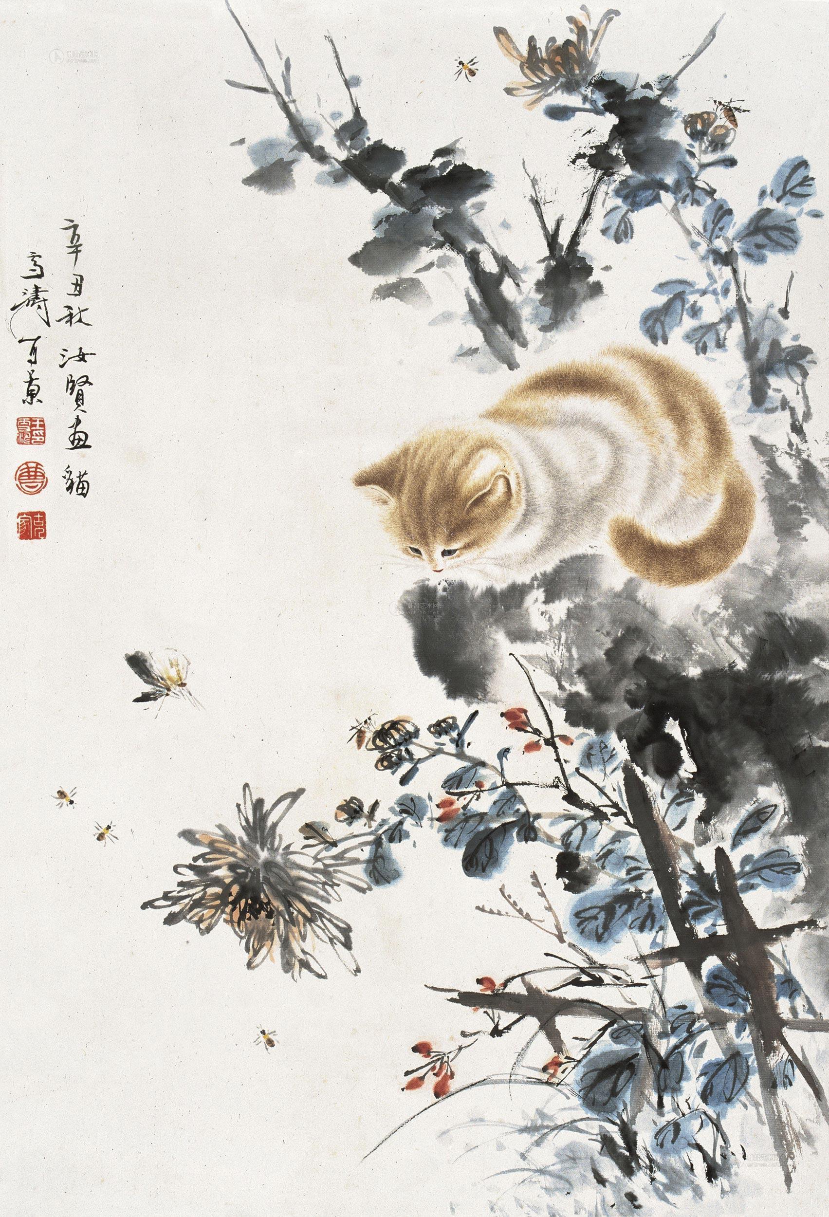 02091961年作猫蝶图镜心设色纸本