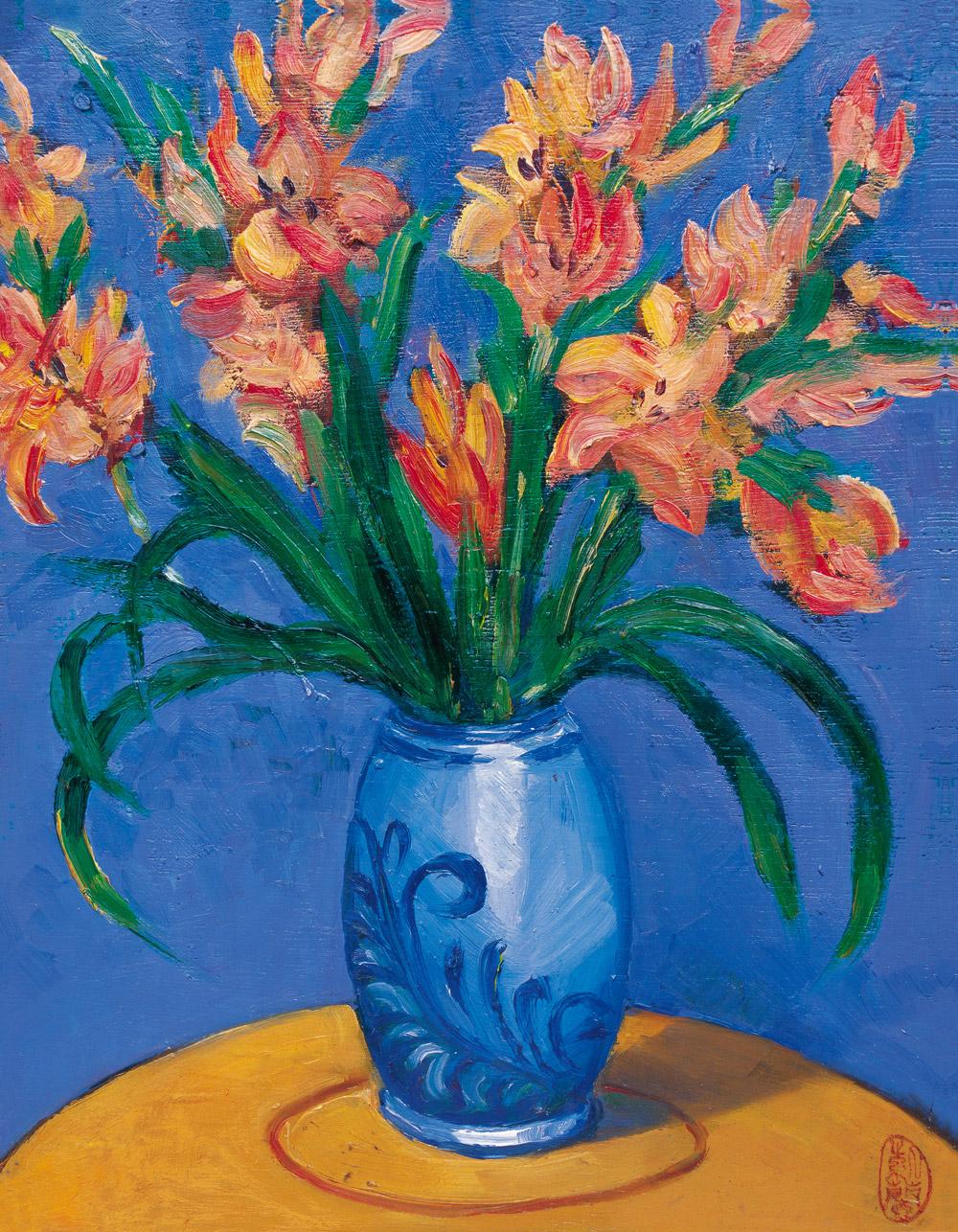 0610瓶花木板油画