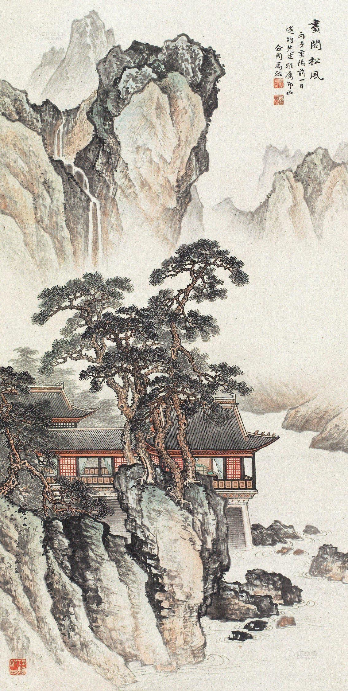 0475丙子1936年作画阁松风立轴设色纸本