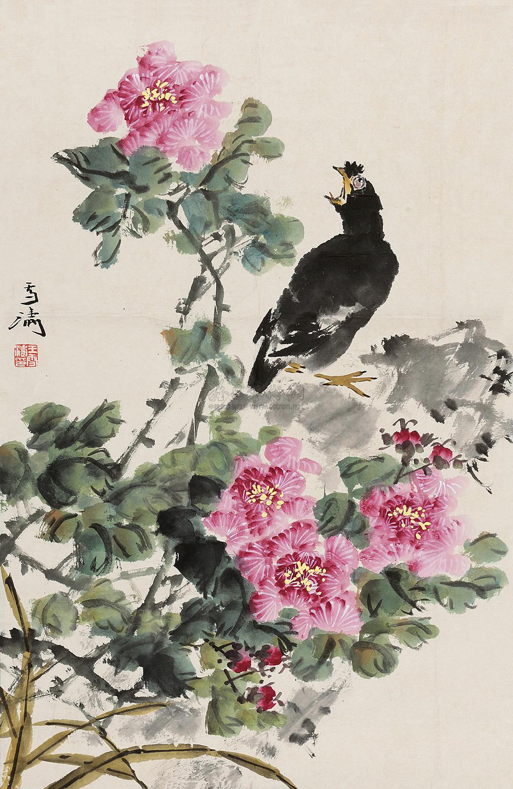 3462花卉八哥镜片设色纸本