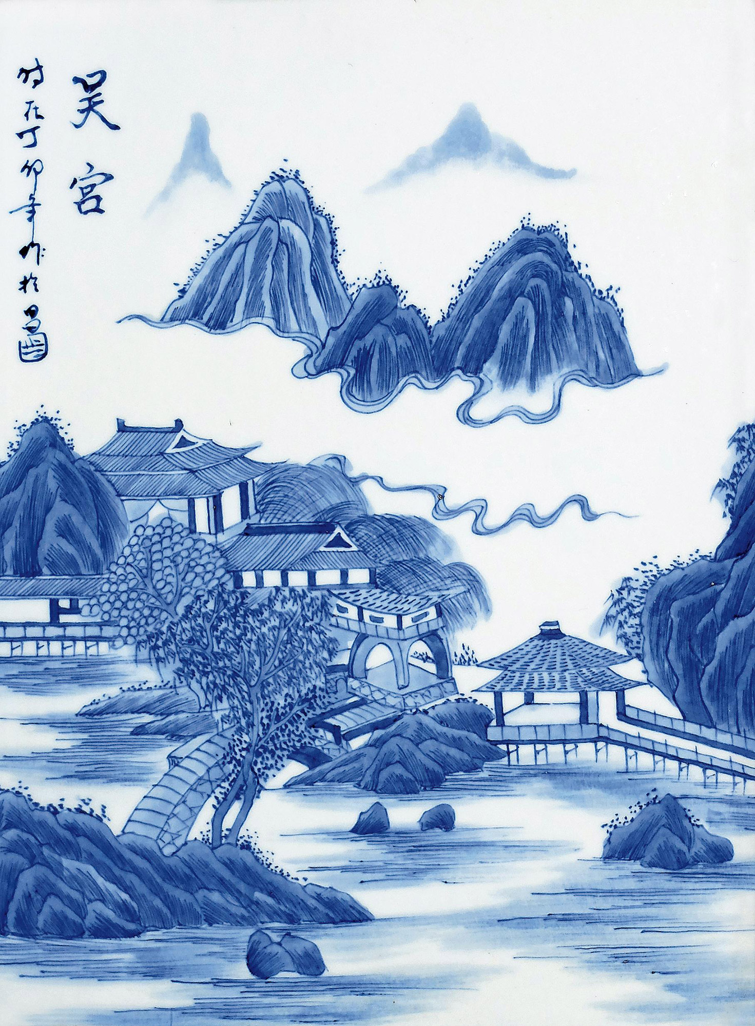 5414民国16年1927青花吴宫图瓷板