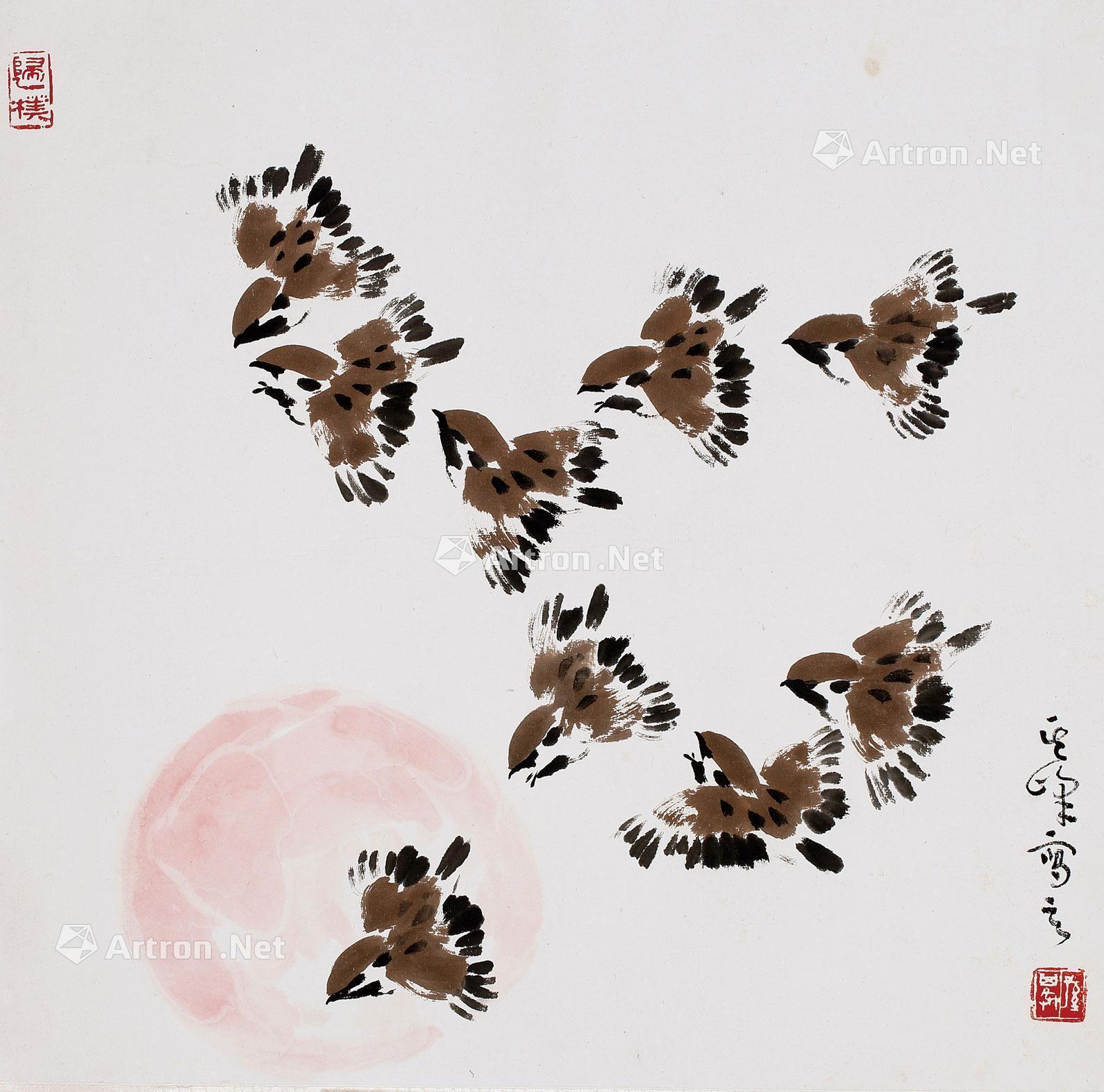 0772麻雀追日画心设色纸本