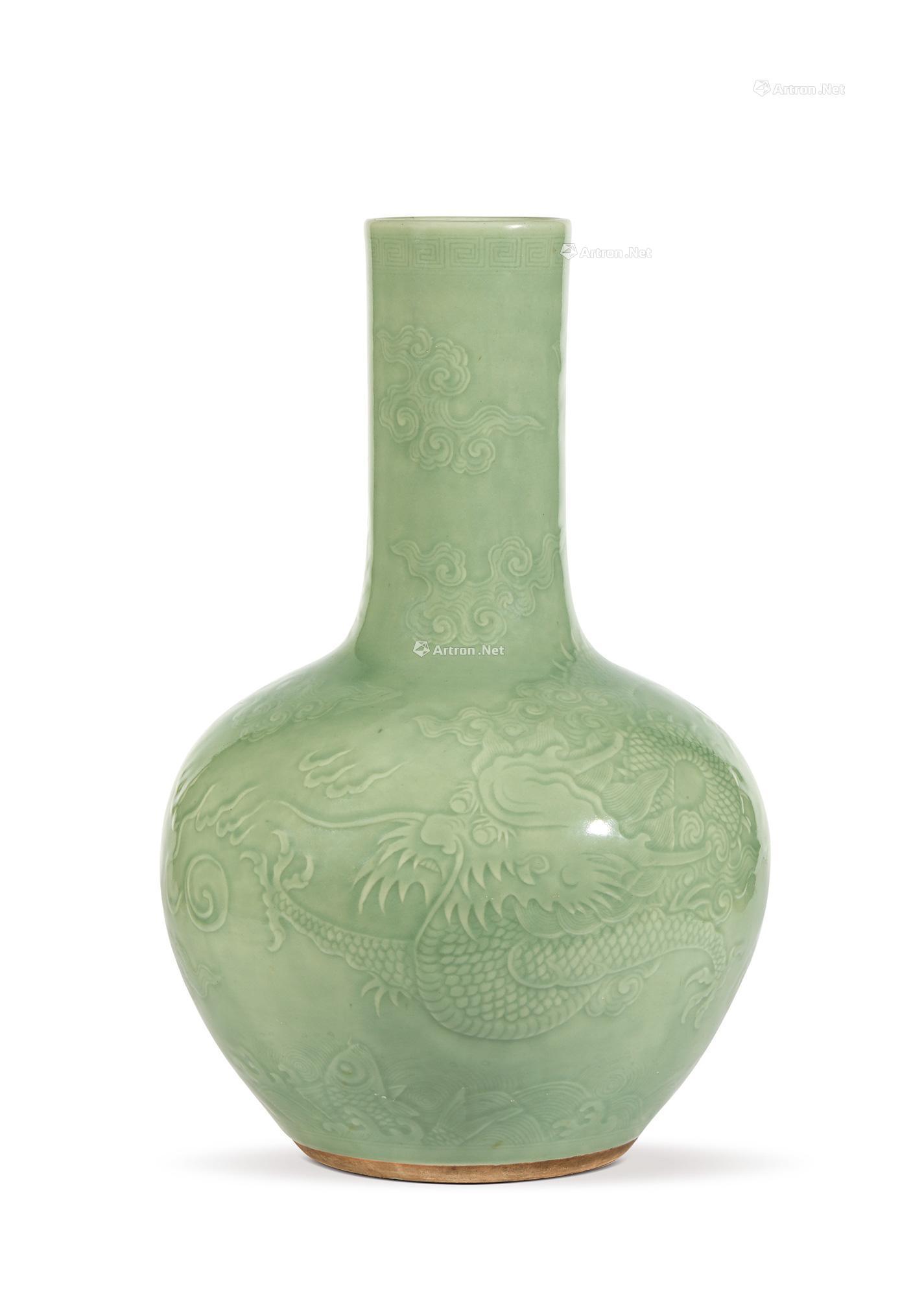 【清 豆青釉模印云龙纹大天球瓶】拍卖品_图片_价格_鉴赏_清代单色釉