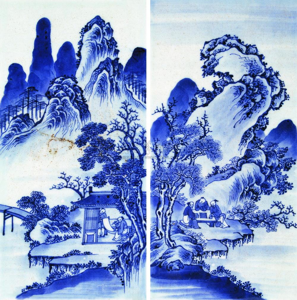 0300乾隆青花山水人物瓷板两件