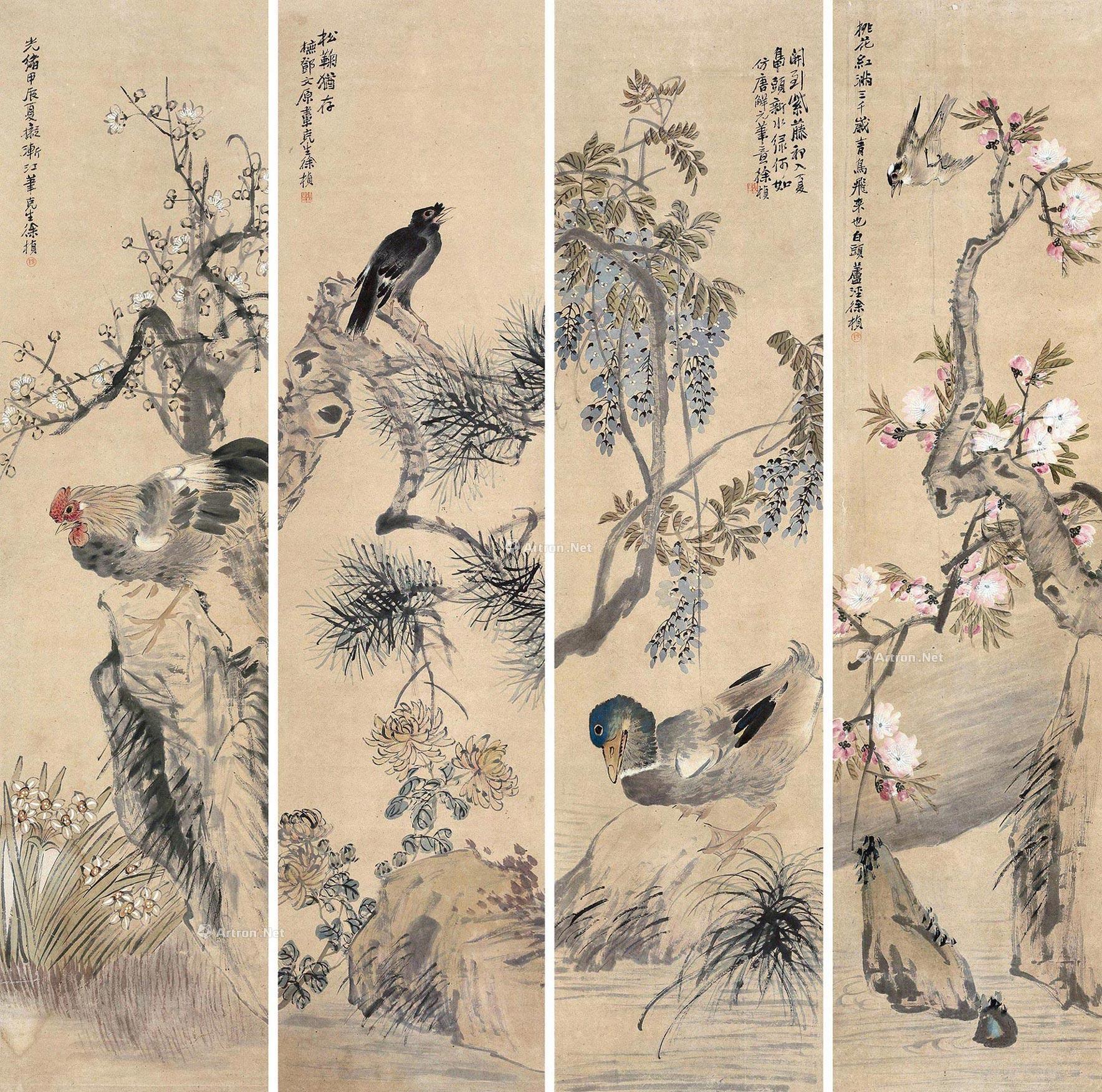 02431904年作四时花鸟四屏设色纸本