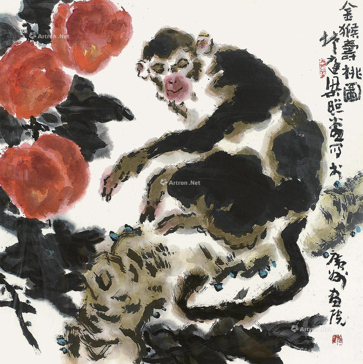 0094金猴寿桃镜框设色纸本