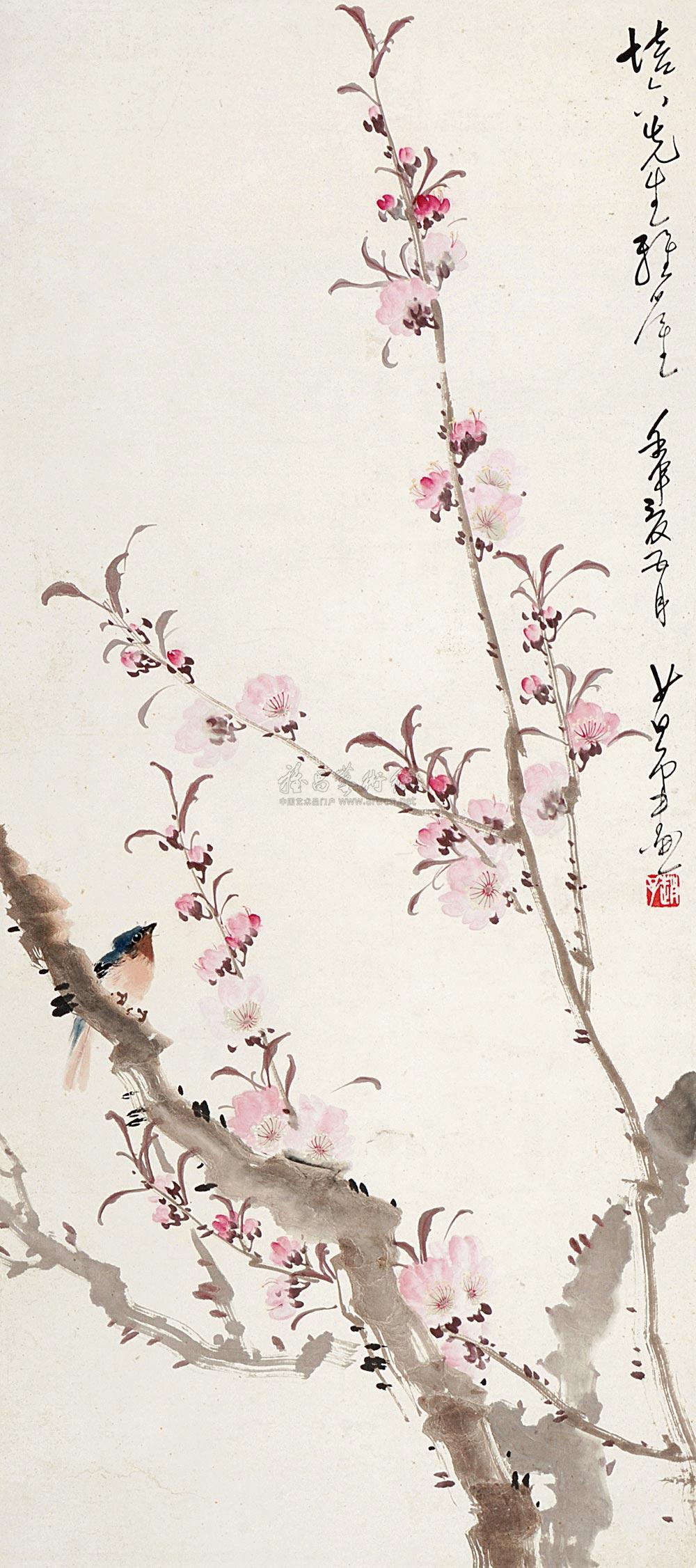【1932年作 桃花小鸟 立轴 设色纸本】拍卖品_图片_价格_鉴赏_绘画