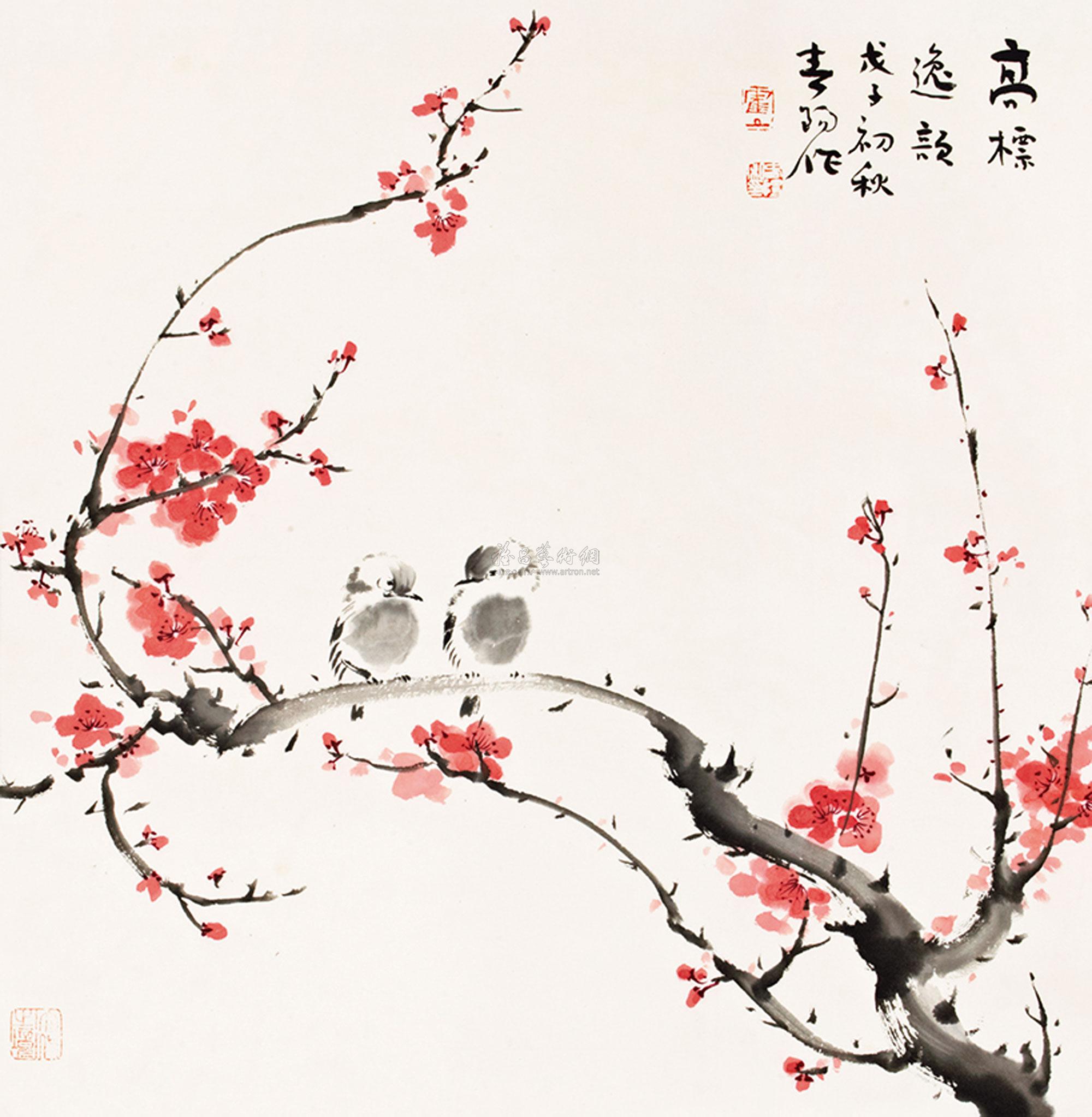 0025梅花小鸟立轴设色纸本