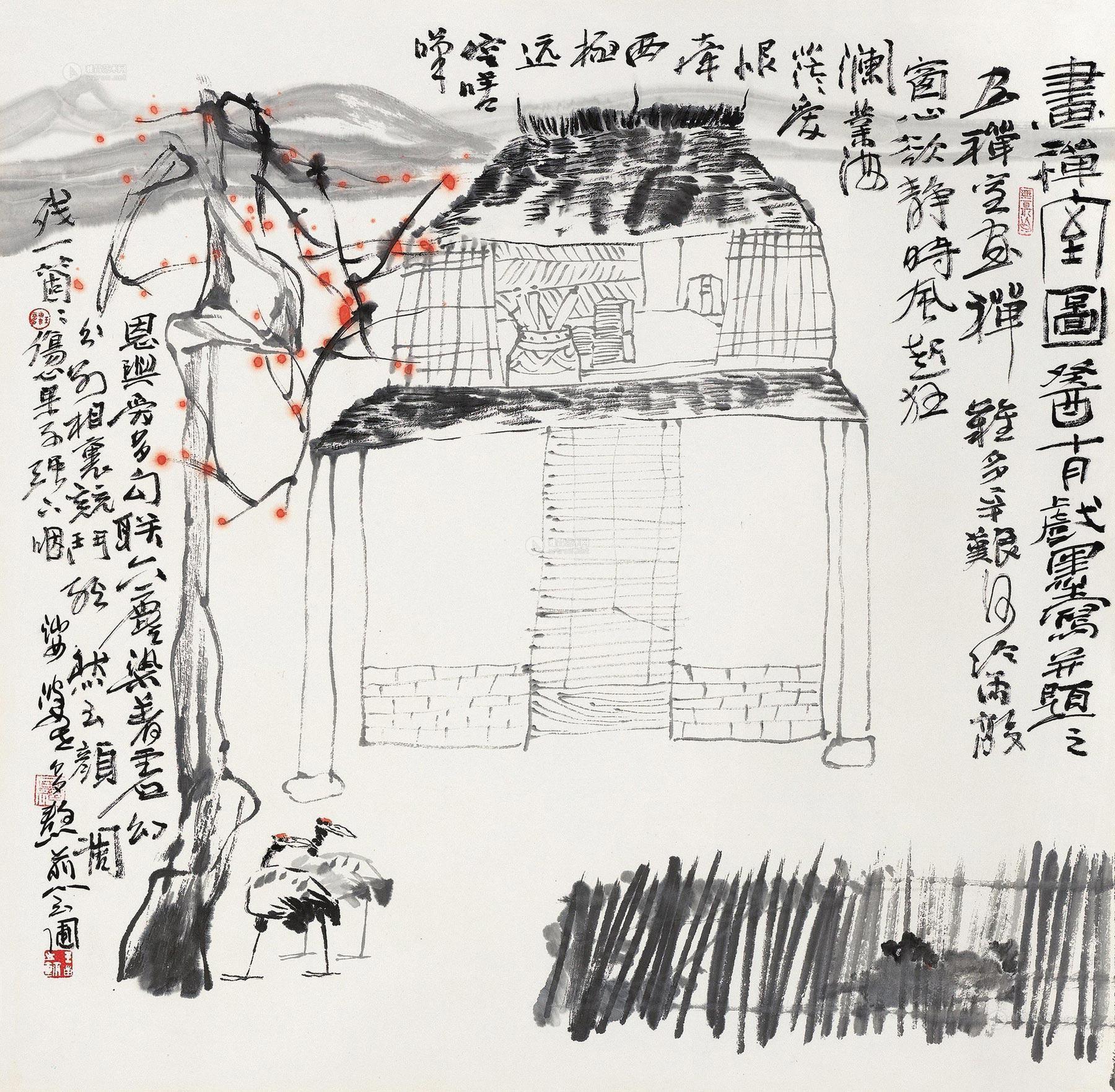 13401993年作画禅室图镜心设色纸本