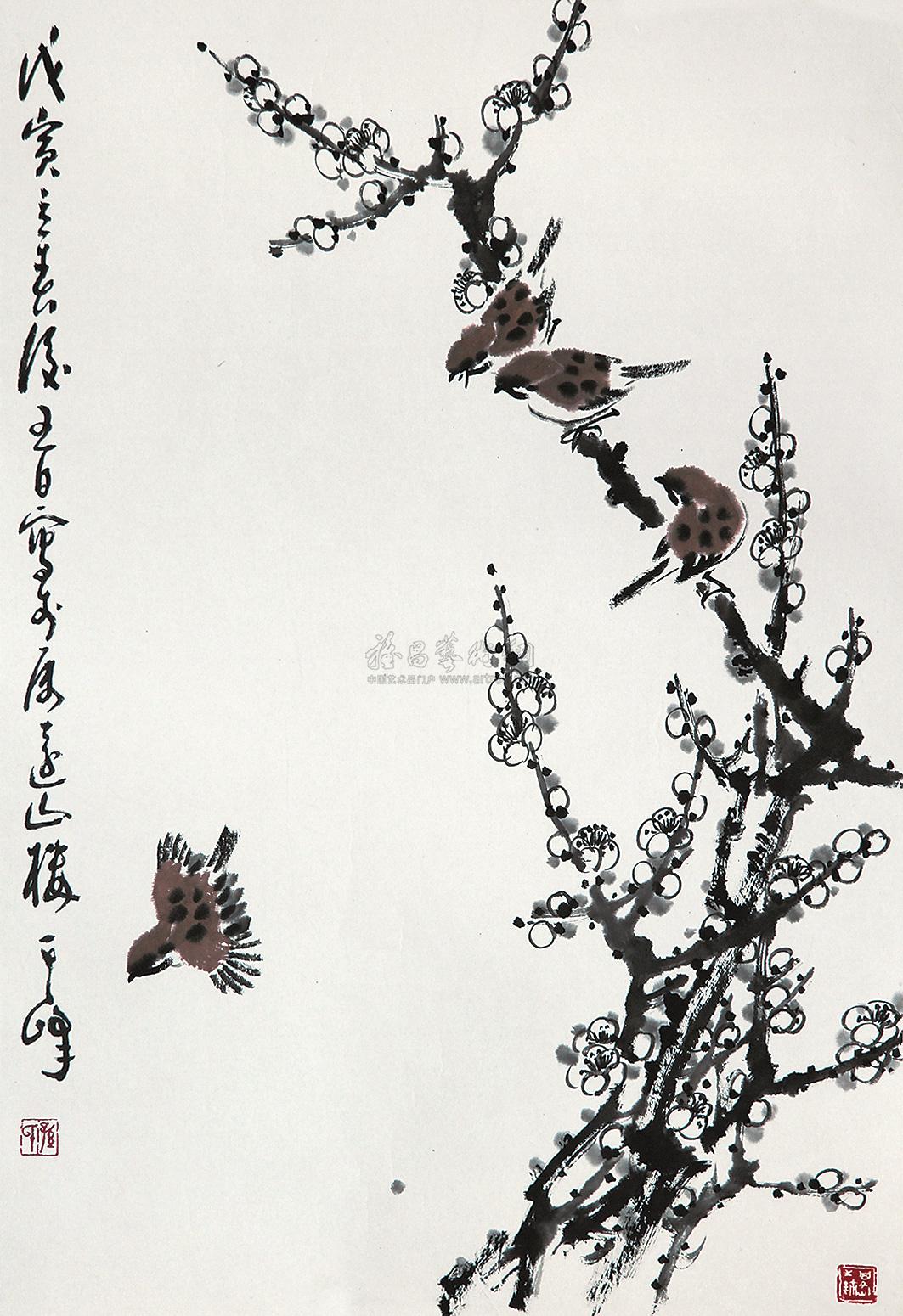 0134戊寅1998年作腊梅麻雀镜心设色纸本