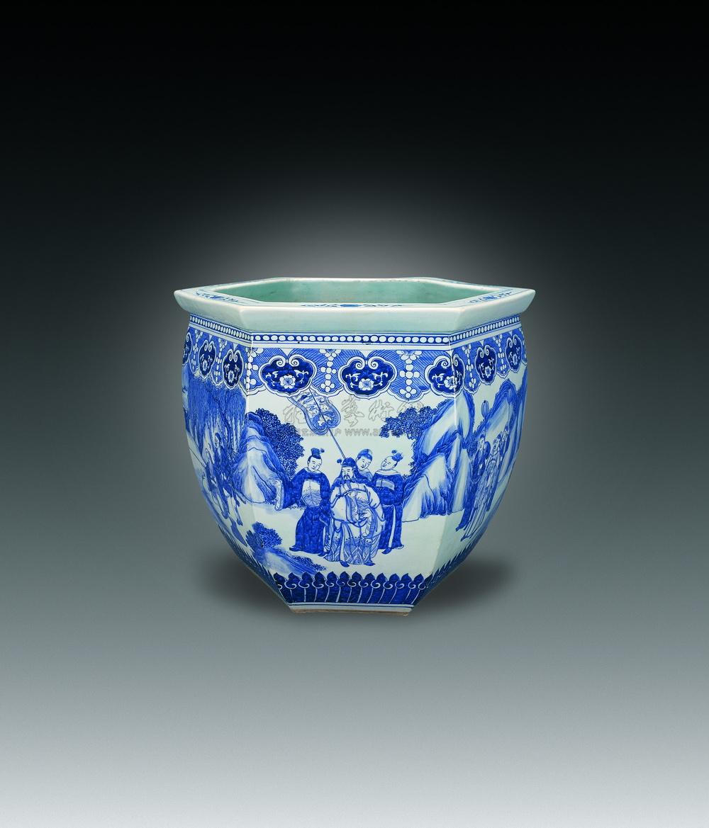 0619清青花文王访贤图六方缸