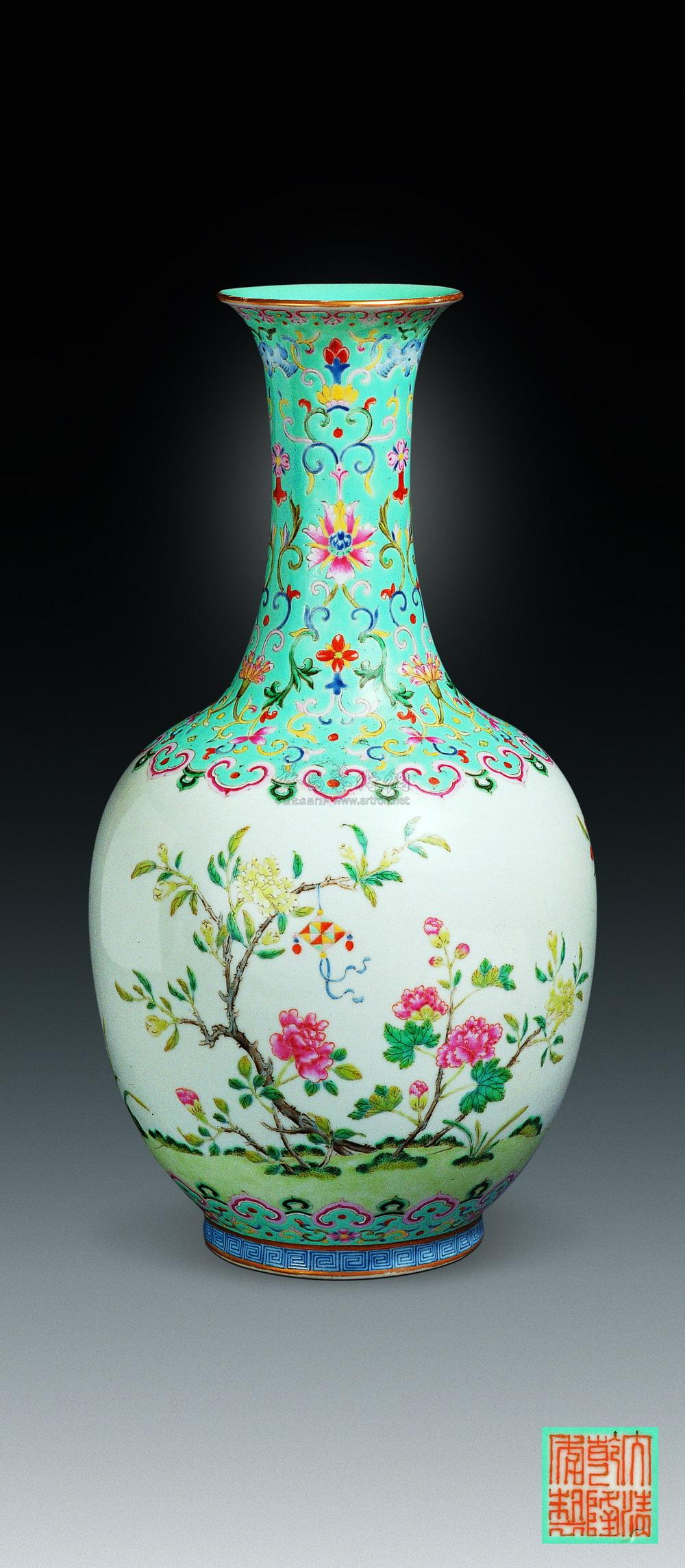 松石绿釉粉彩花卉长颈瓶】拍卖品_图片_价格_鉴赏_清代其它彩釉瓷器