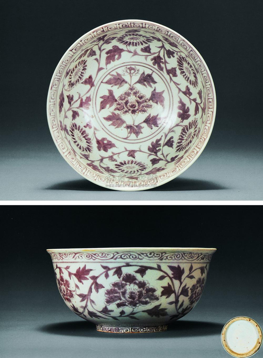 釉里红内缠枝菊花外缠枝牡丹纹盌】拍卖品_图片_价格_鉴赏_明代彩瓷