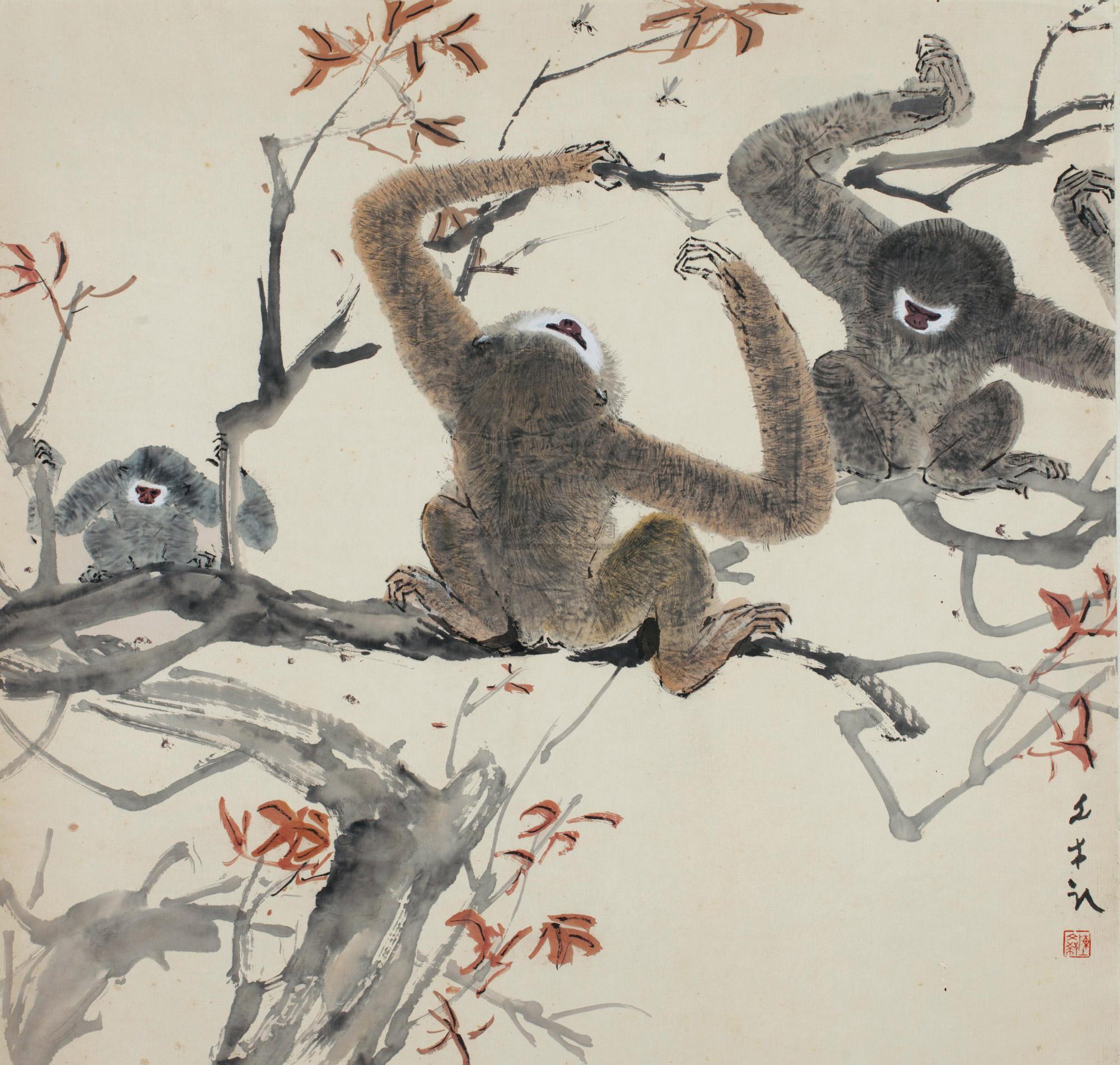 0309三只长臂猿水墨与水彩纸上作品