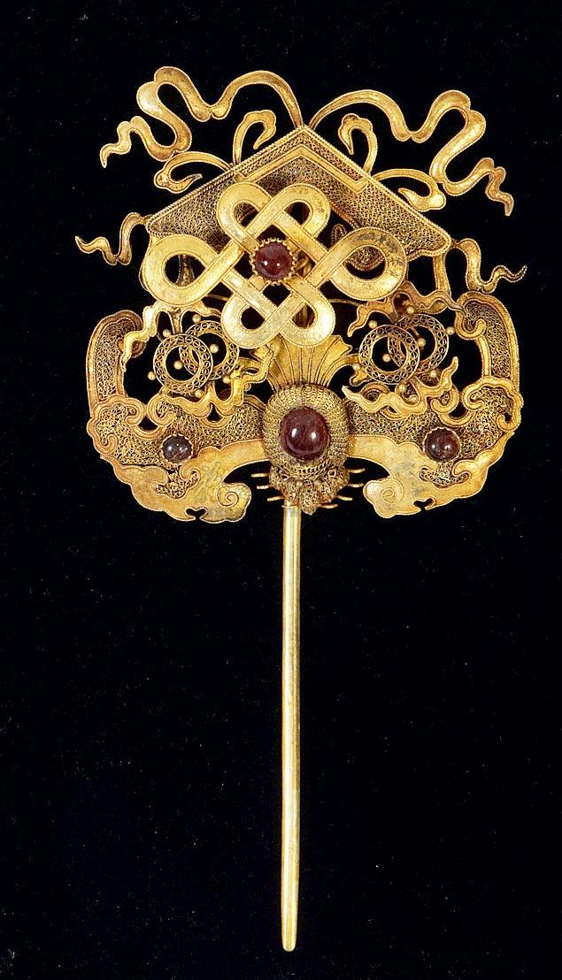 1263清金累丝嵌宝石盘肠福寿钗