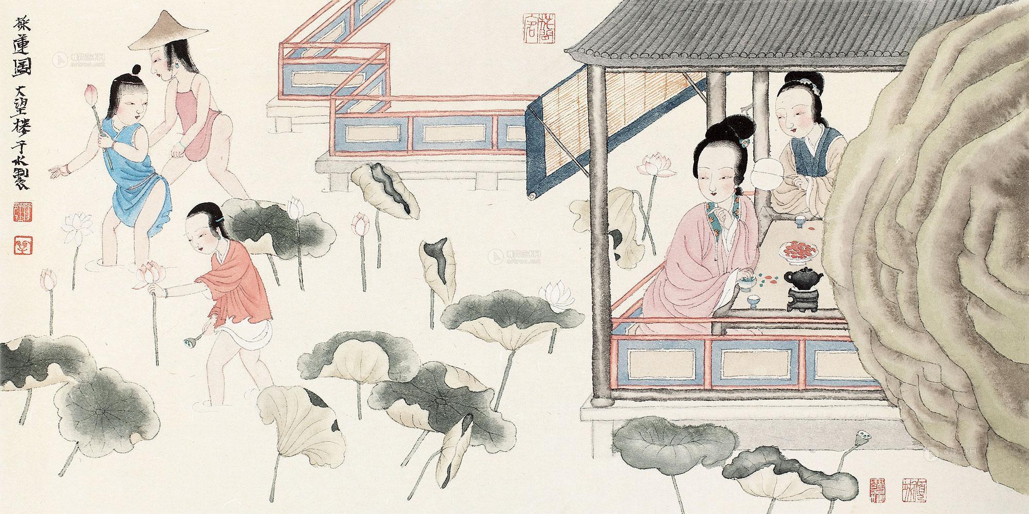 0254采莲图镜片设色纸本