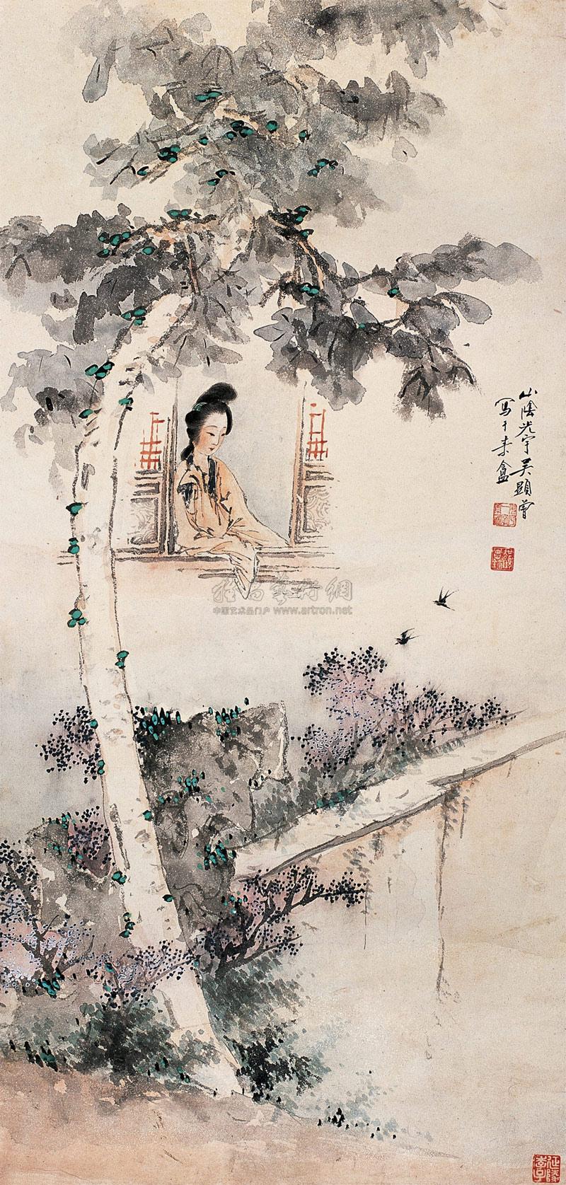 0189倚窗图立轴设色纸本
