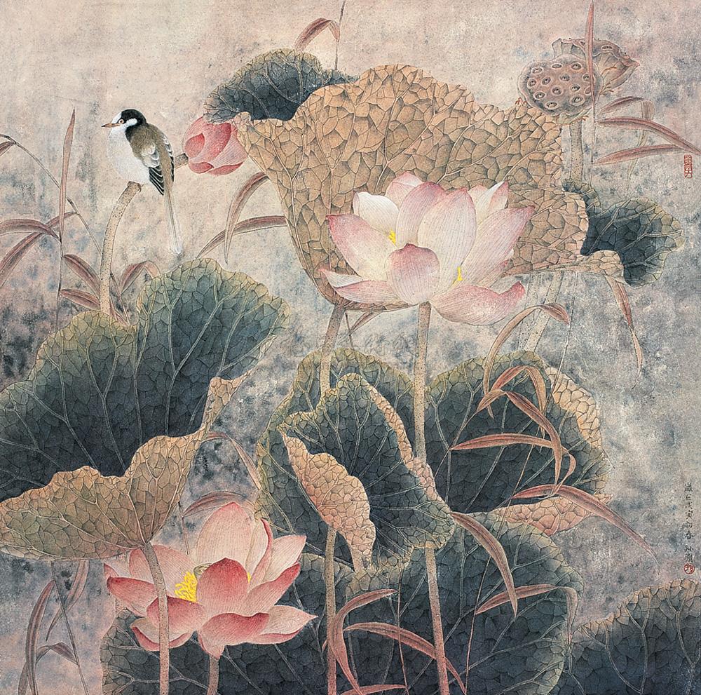 0588荷花小鸟 镜心 设色纸本