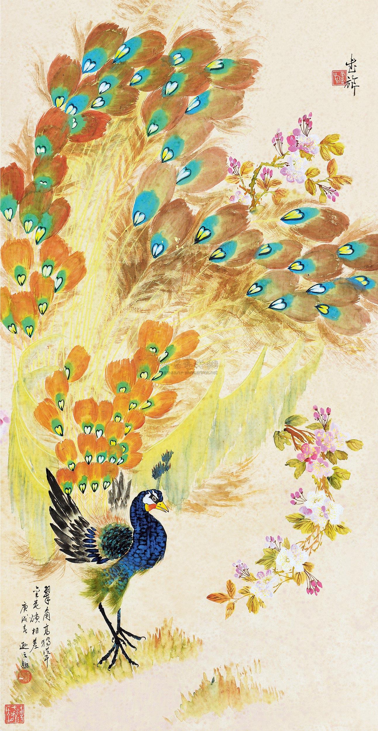 【樱花孔雀 立轴 设色绢本】拍卖品_图片_价格_鉴赏_绘画_雅昌艺术品