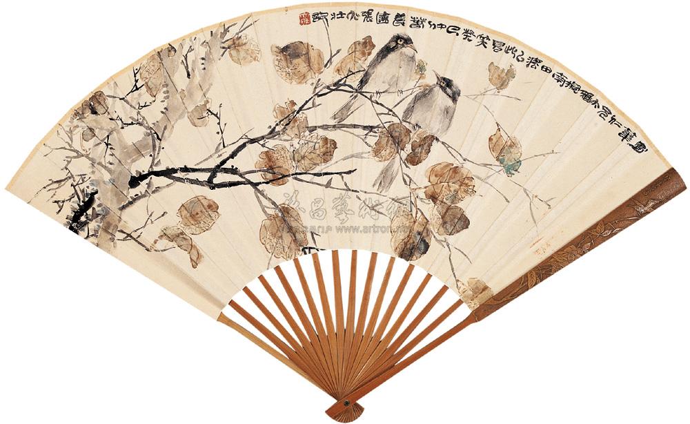 0766癸巳1953年作秋叶双禽成扇设色纸本