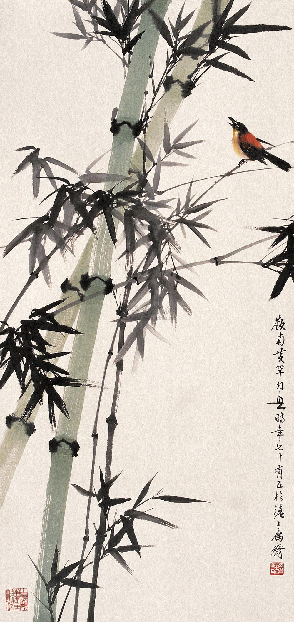 12351980年作翠竹鸣禽立轴设色纸本