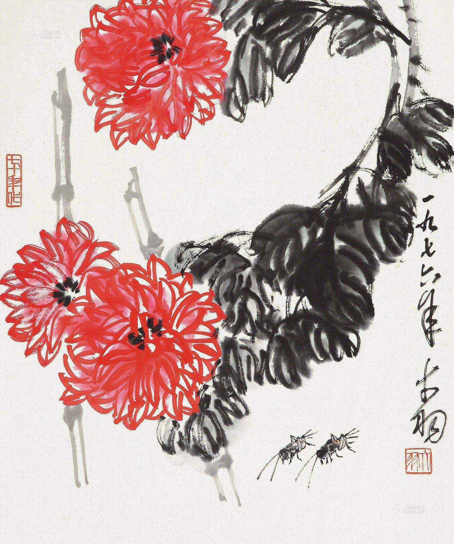 07681976年作菊花蟋蟀图立轴设色纸本