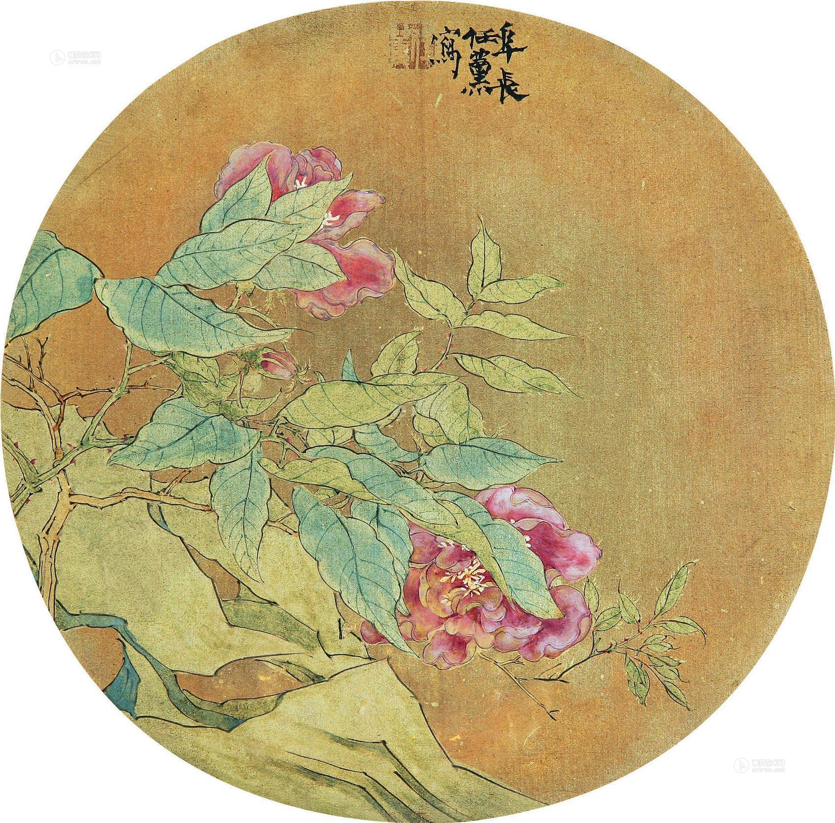 0169月季花图扇片设色绢本
