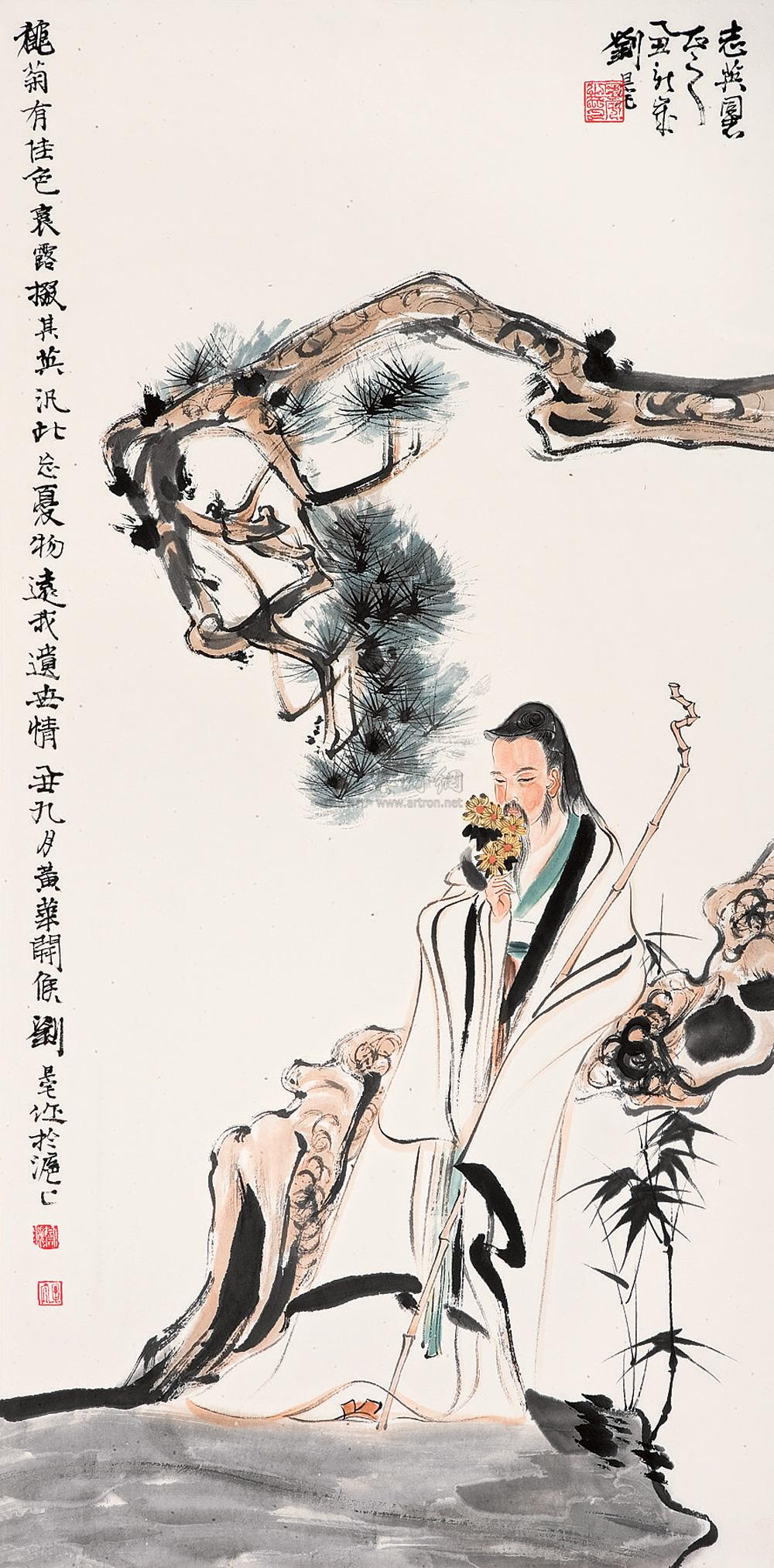 0042陶渊明爱菊立轴设色纸本