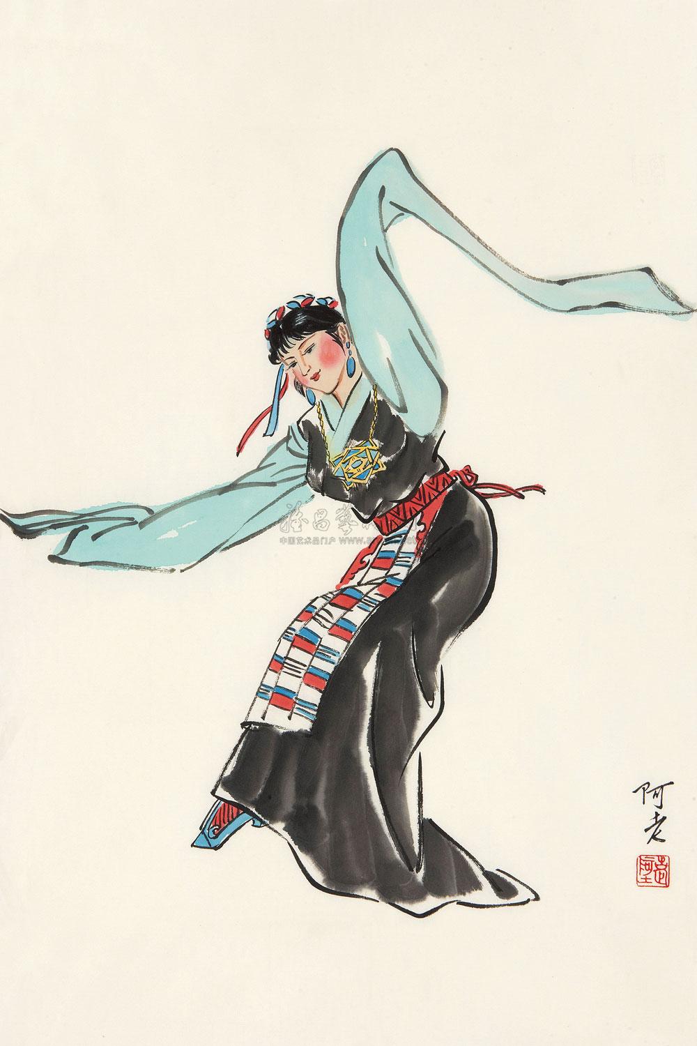 0158舞蹈人物镜心设色纸本