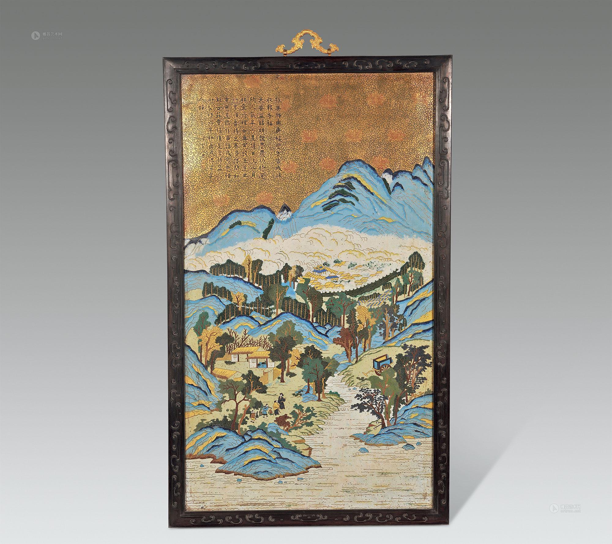 1968掐丝珐琅山水人物诗文挂屏