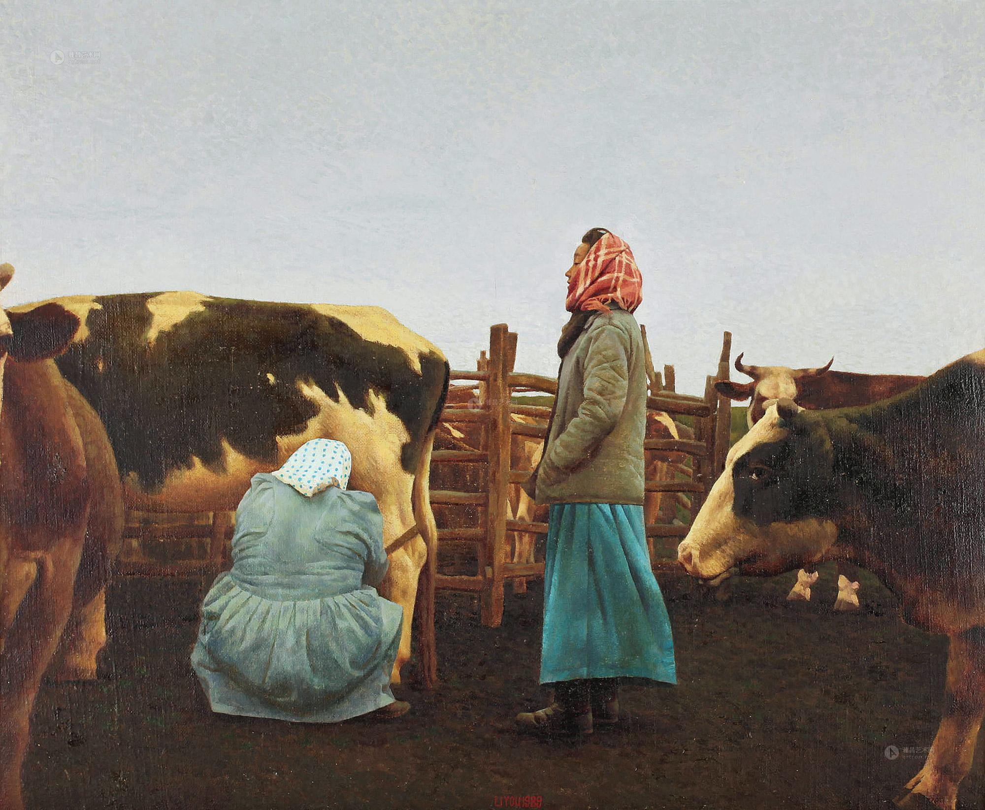 00751989年作眺望远方的姑娘与灰色的天空布面油画