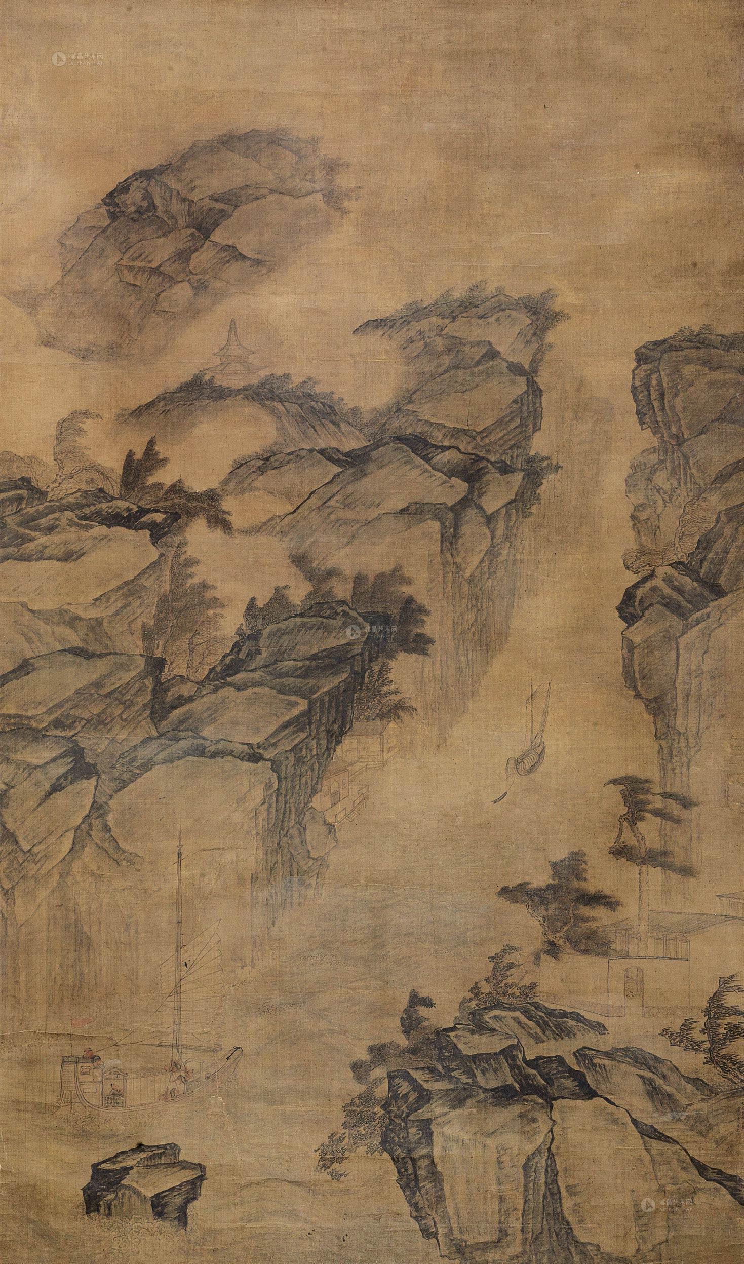 2544峡江帆影立轴绢本