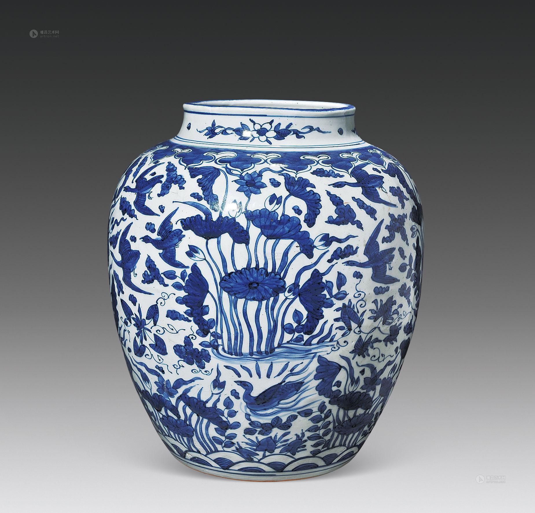 【明 青花荷塘鸳鸯图大罐】拍卖品_图片_价格_鉴赏_明代青花瓷器_雅昌