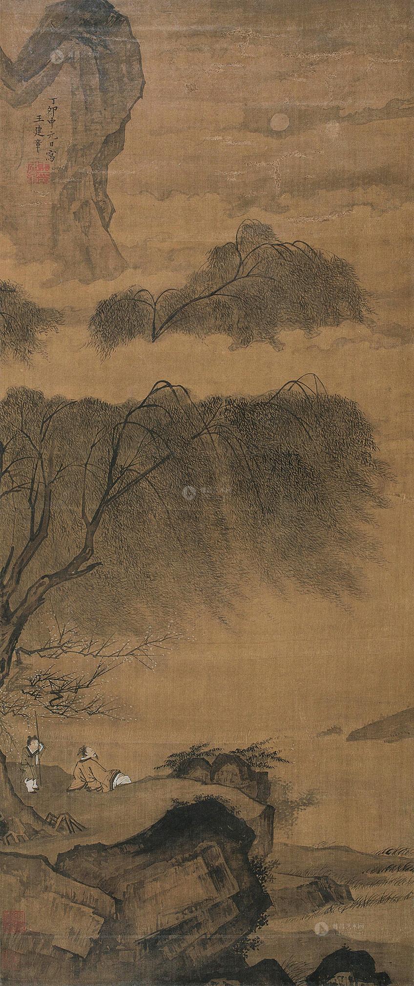 1362柳湖赏月图立轴绢本