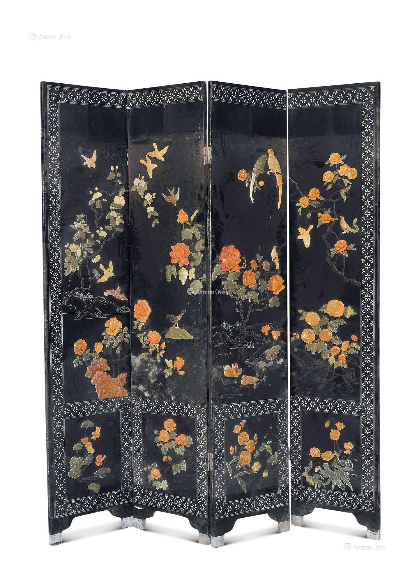 5406二十世纪嵌百宝花鸟纹屏风四扇