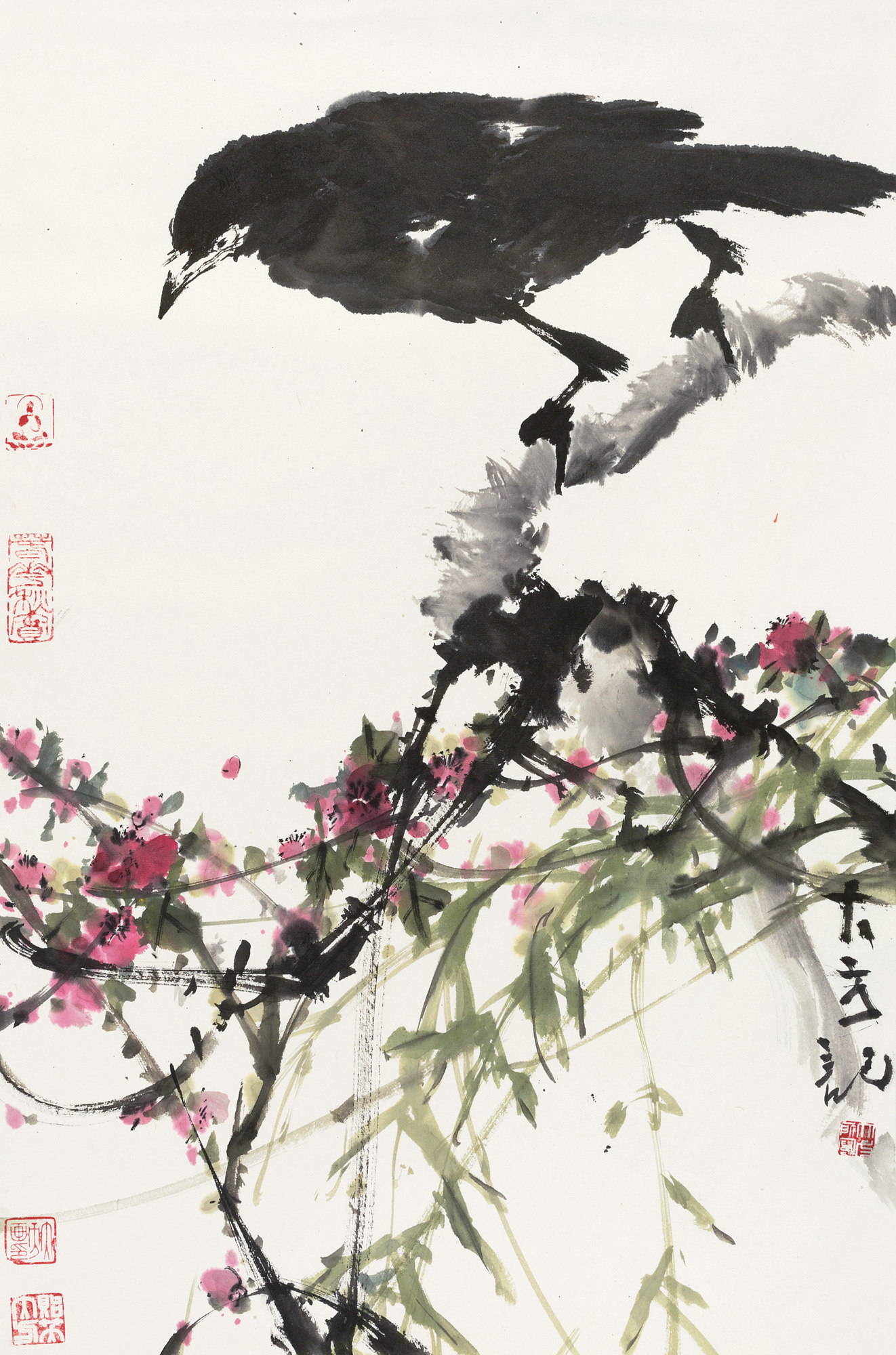 0275桃柳争春镜心纸本
