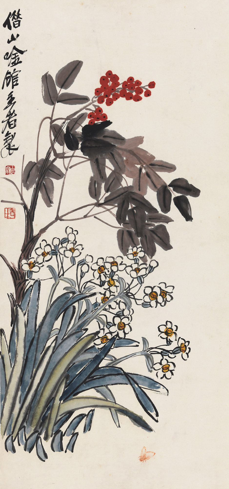 0969水仙天竹草虫镜心设色纸本
