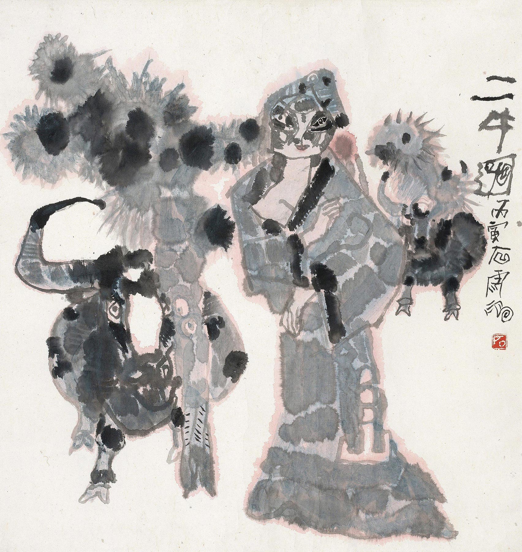 0374二牛图镜心纸本