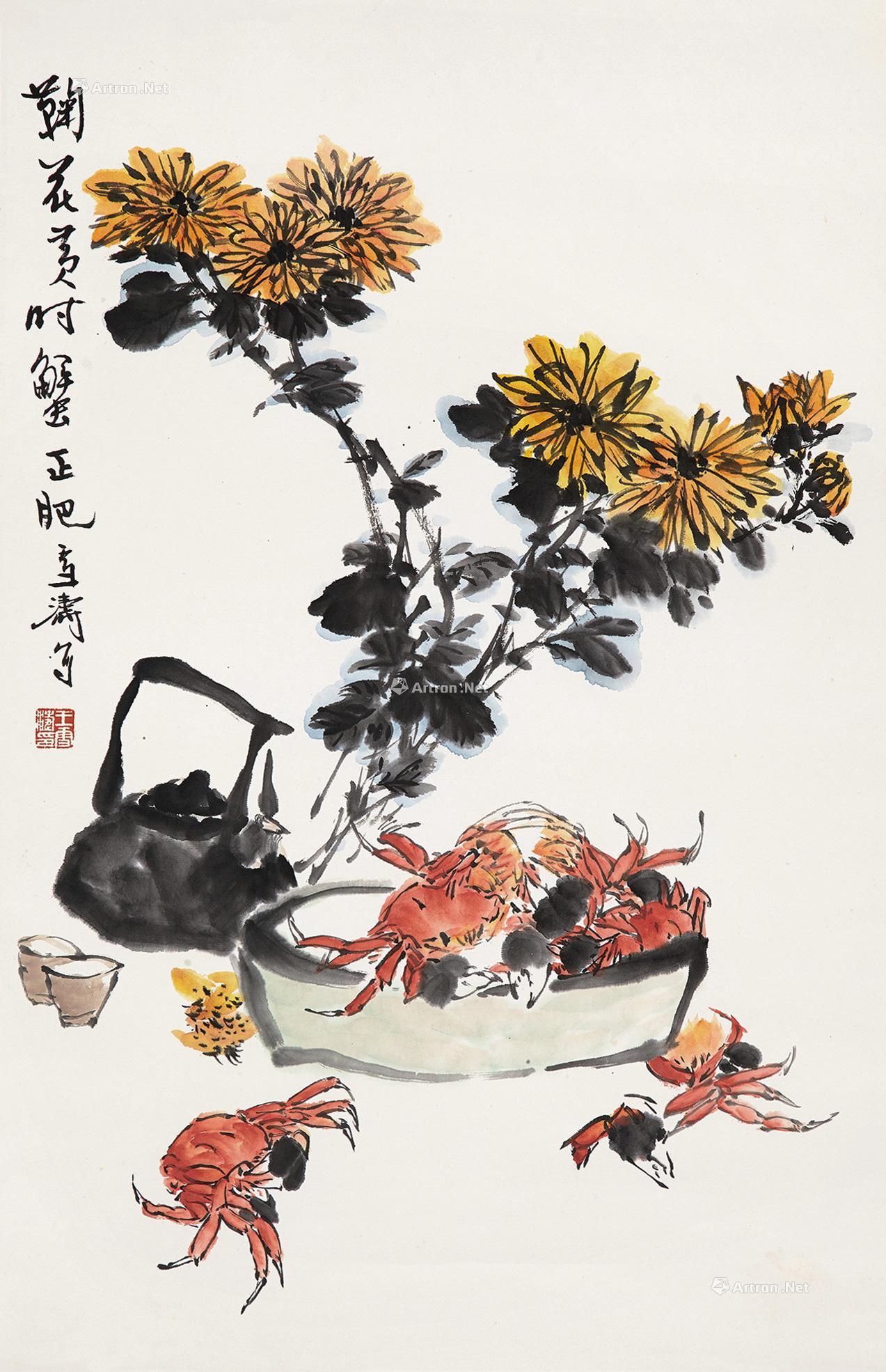 1100菊蟹图立轴设色纸本