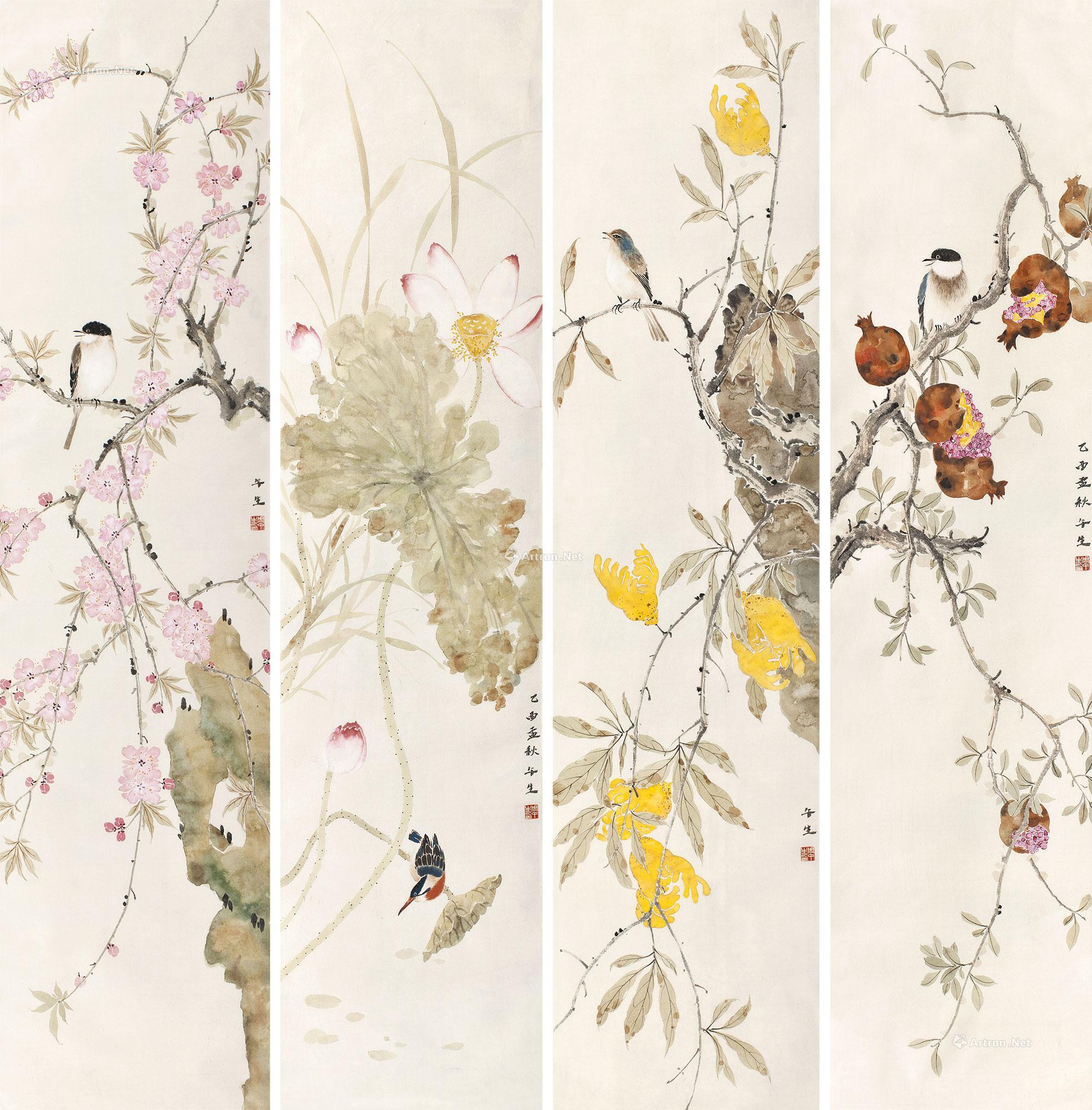 0565花鸟四条屏镜框设色纸本