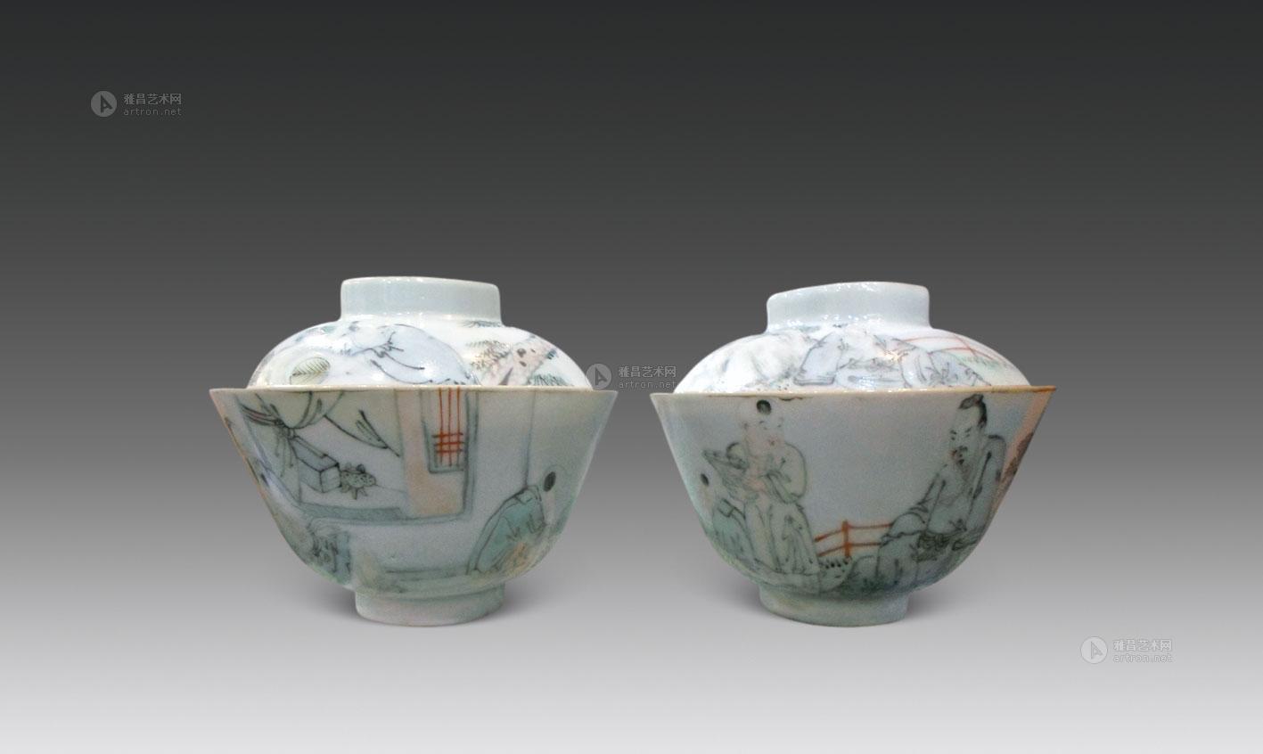 0067清光绪甲辰年1904年作俞子明浅绛彩人物盖碗一对