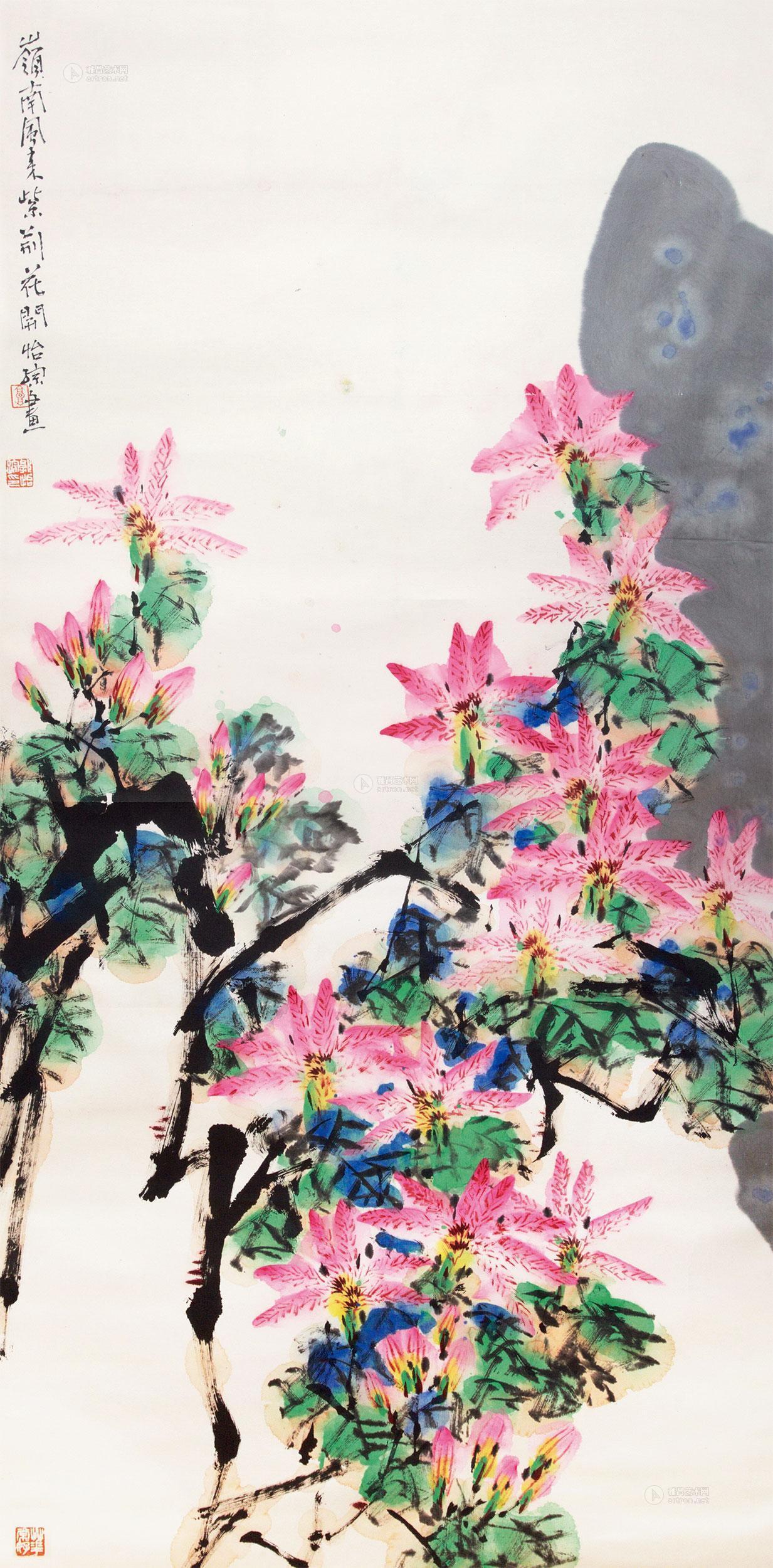 0351紫荆花开镜心设色纸本