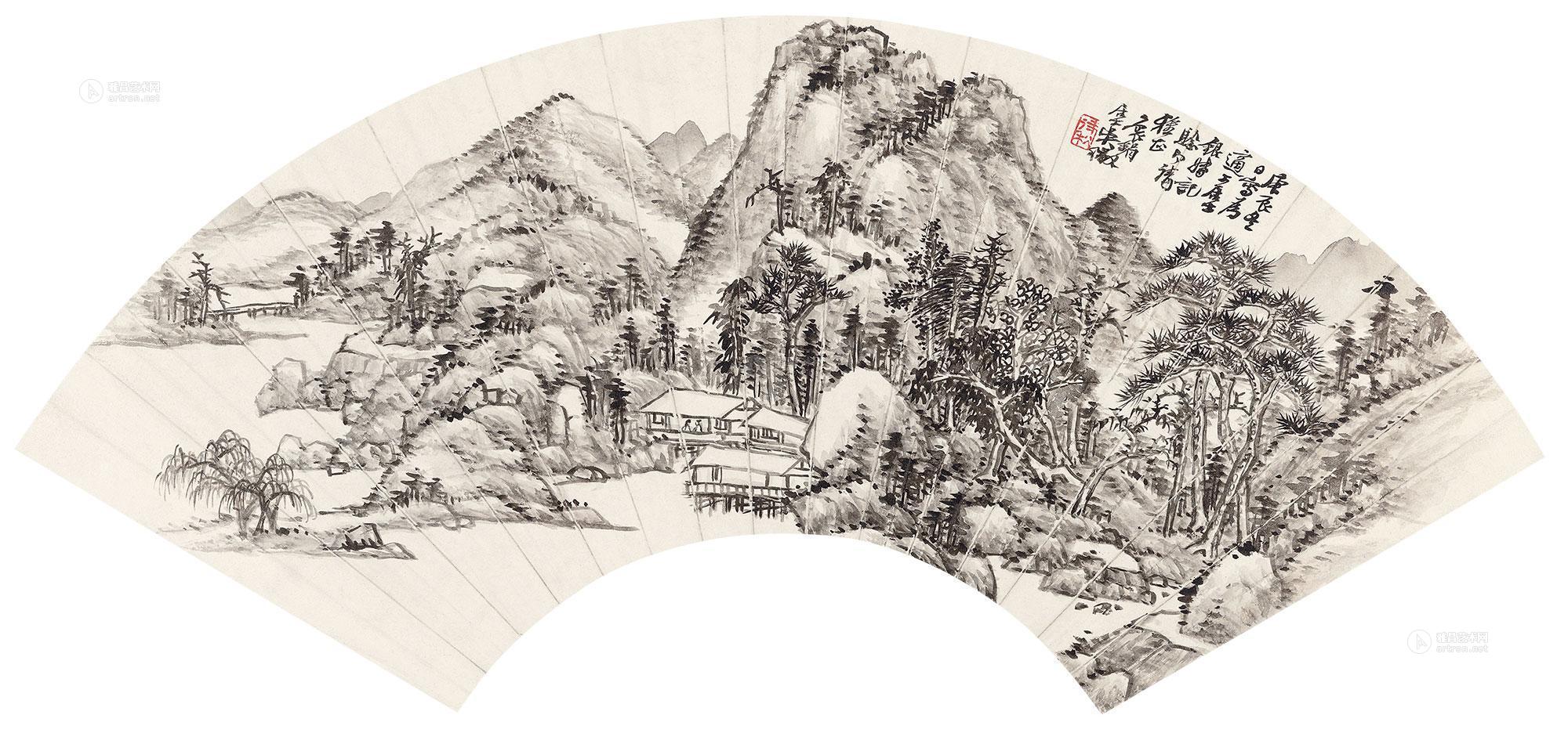 02741940年作山水扇面镜框水墨纸本