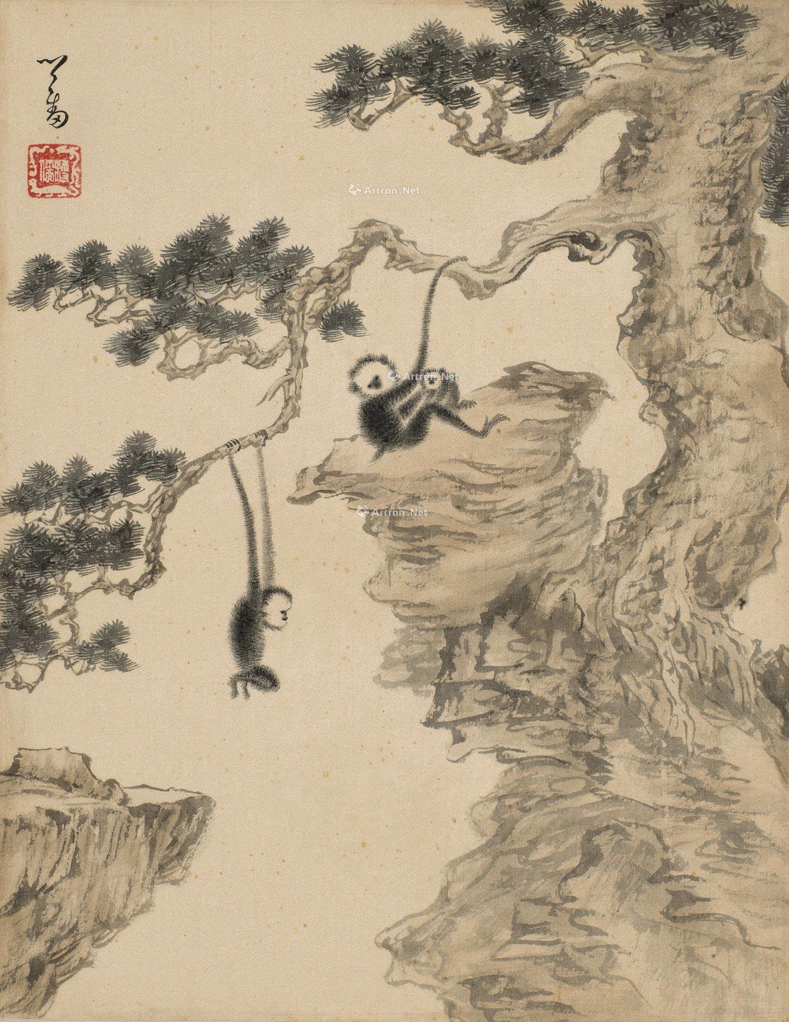 0118松猿图镜片设色绢本