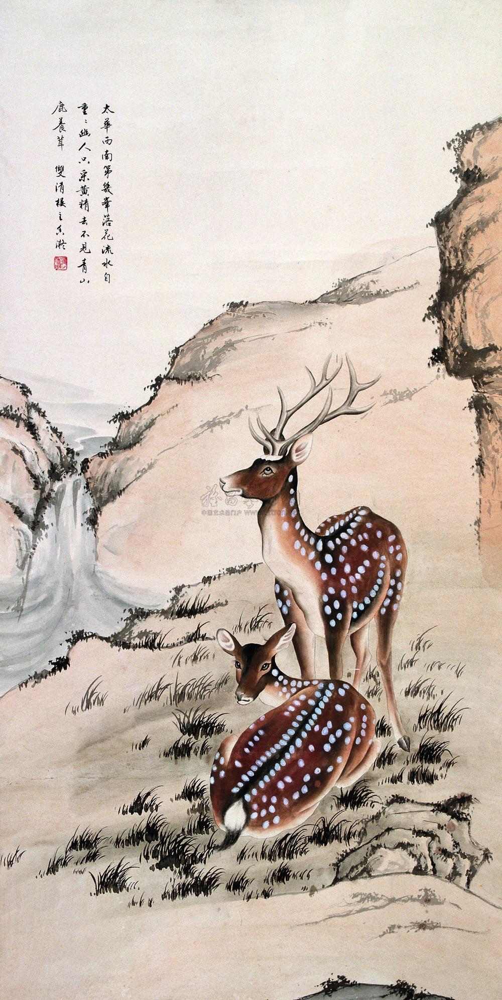 0543山水鹿立轴纸本
