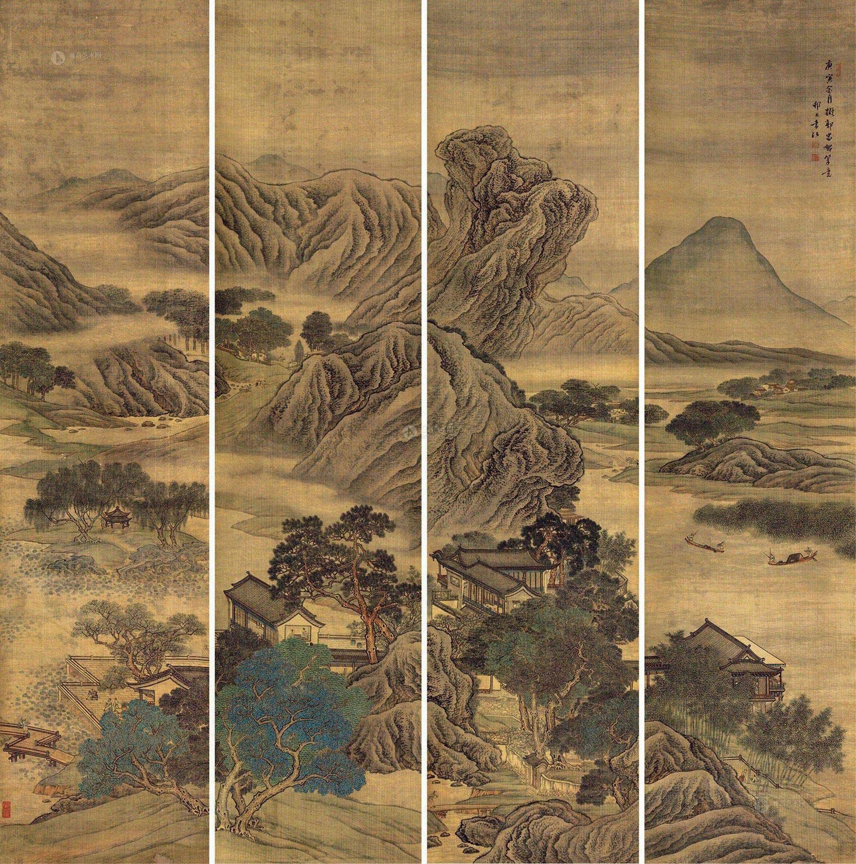 0341山水通景四屏设色绢本